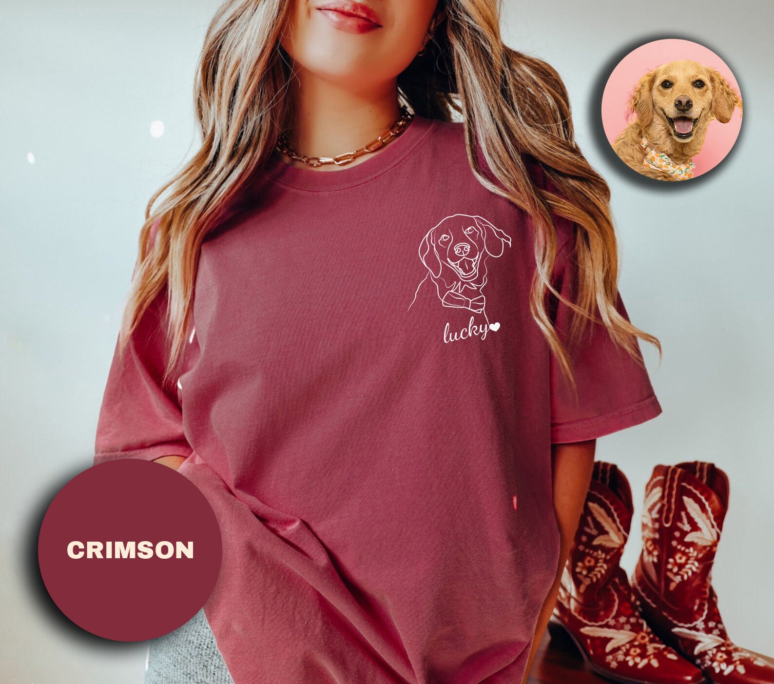 a woman wearing a red shirt with a picture of a dog on it