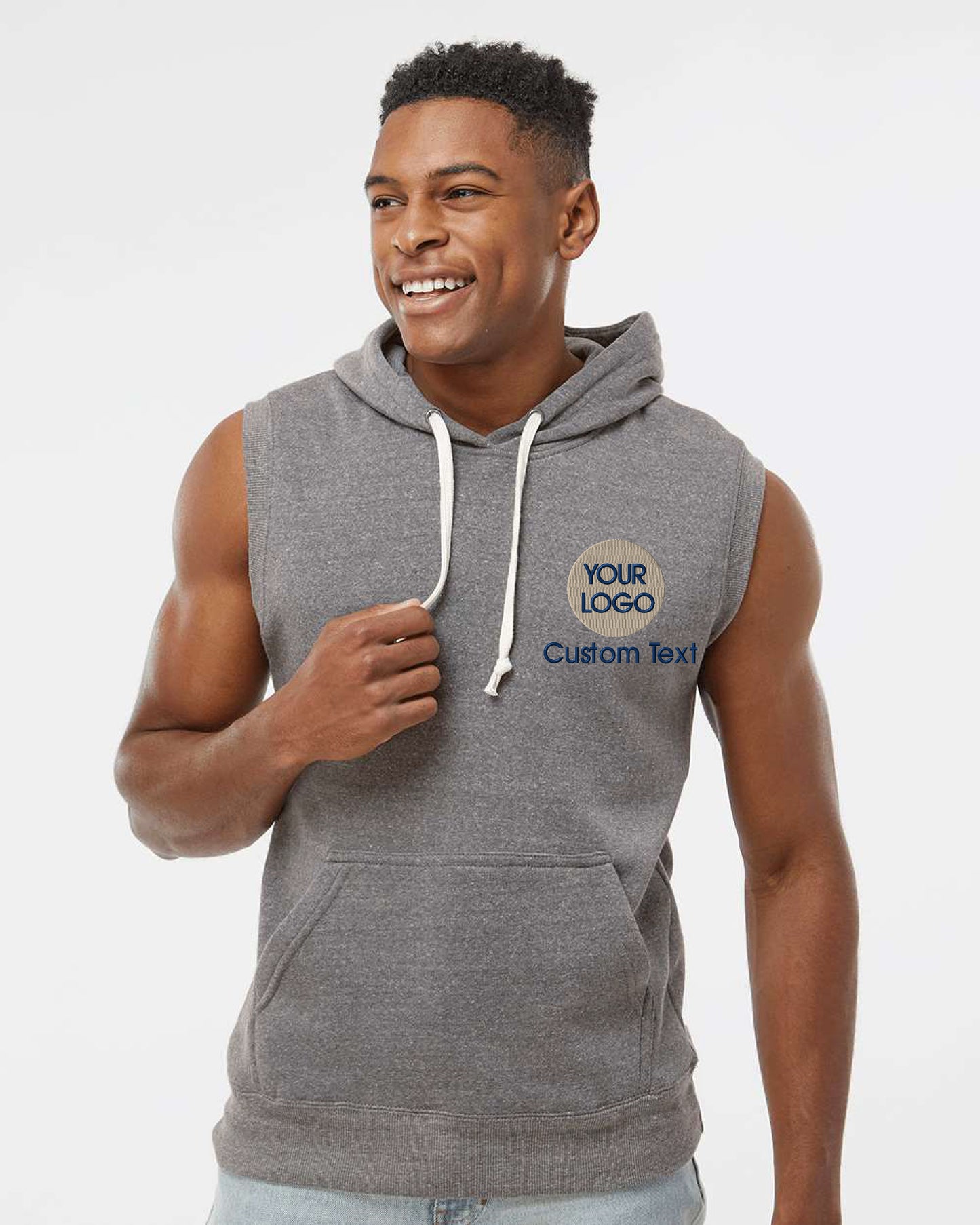 a man wearing a grey hooded sweatshirt with a custom text on it