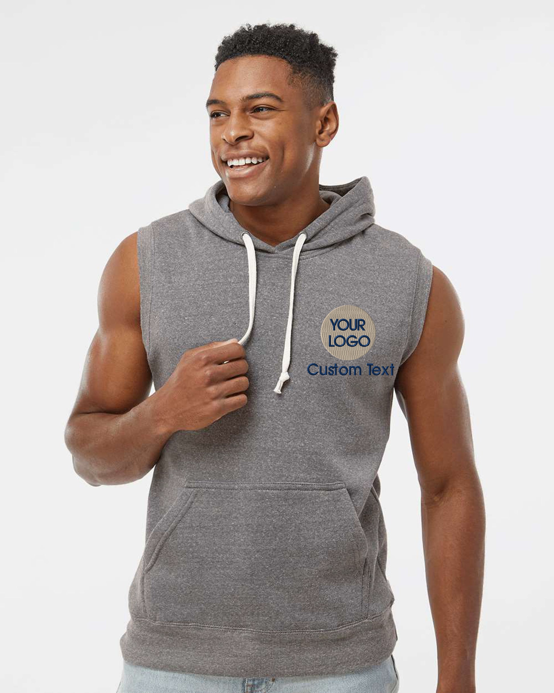 a man wearing a grey hooded sweatshirt with a custom text on it