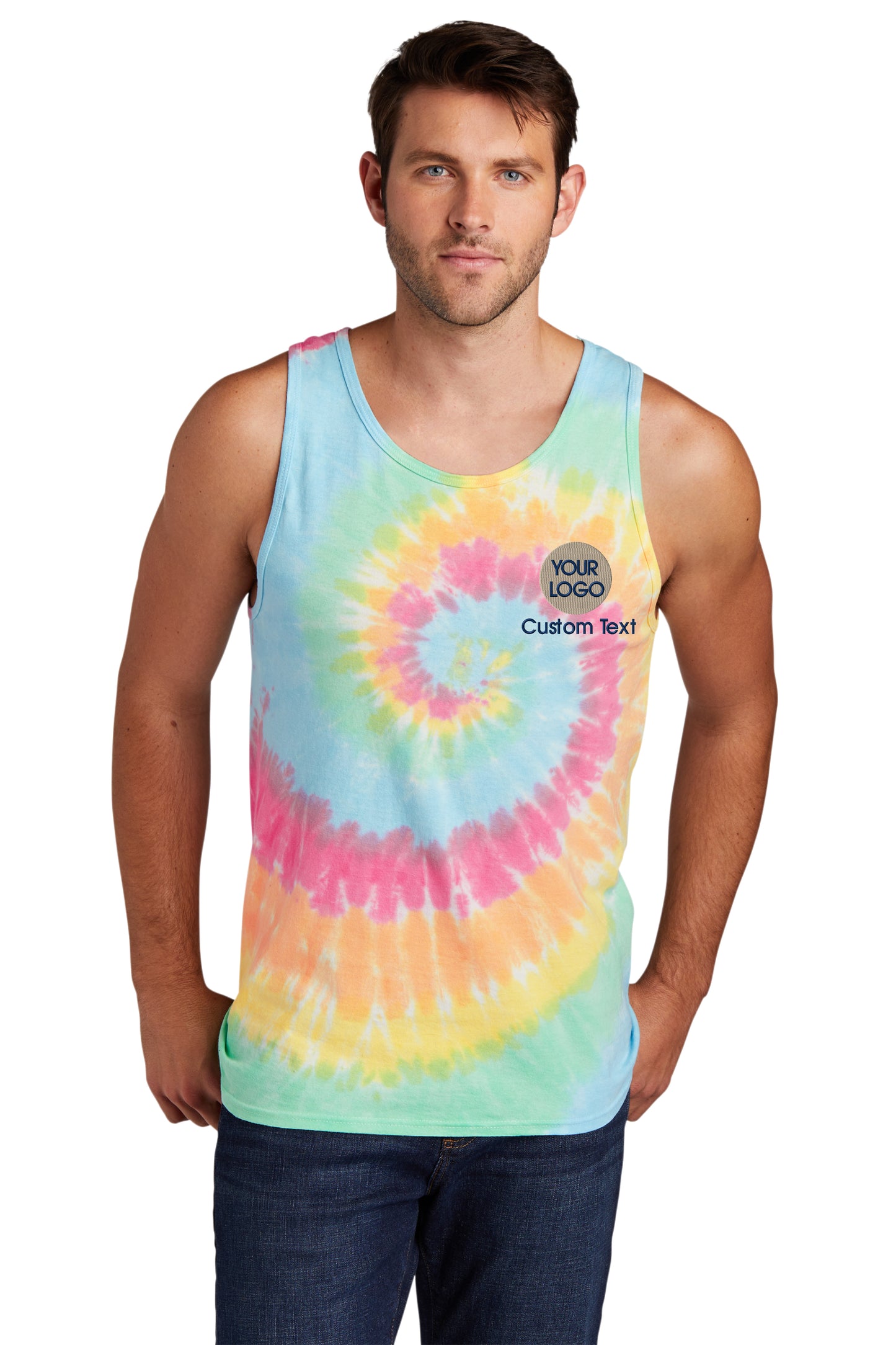 a man wearing a tank top with a tie dye design