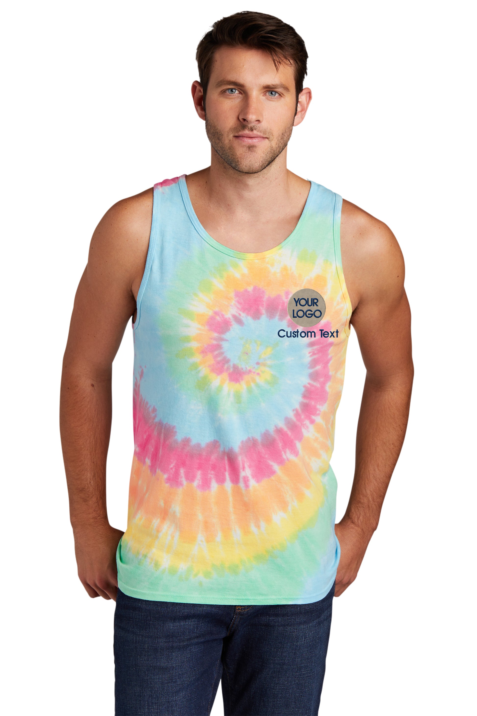 a man wearing a tank top with a tie dye design