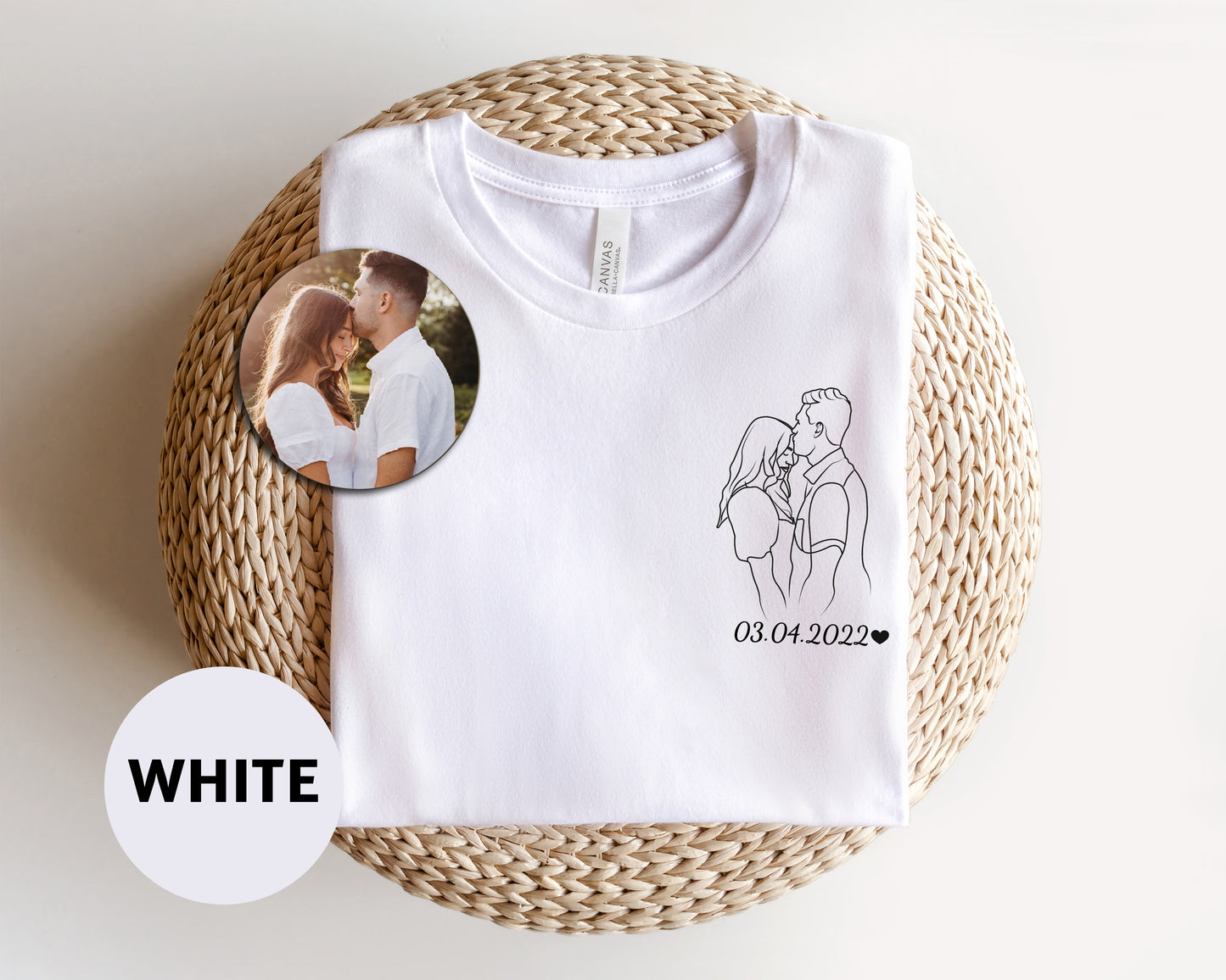 a white t - shirt with a picture of a couple on it
