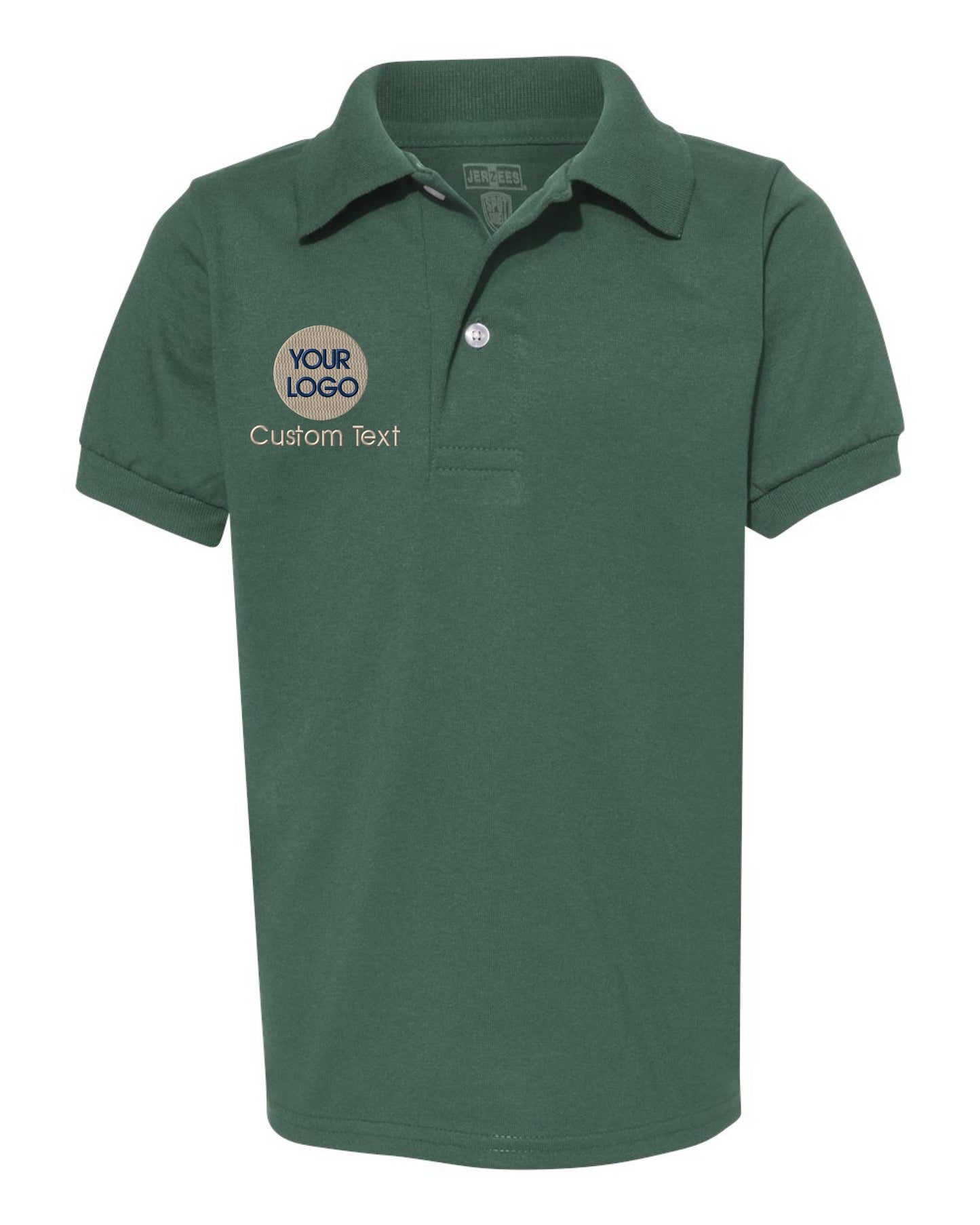 a green polo shirt with the words your logo on it