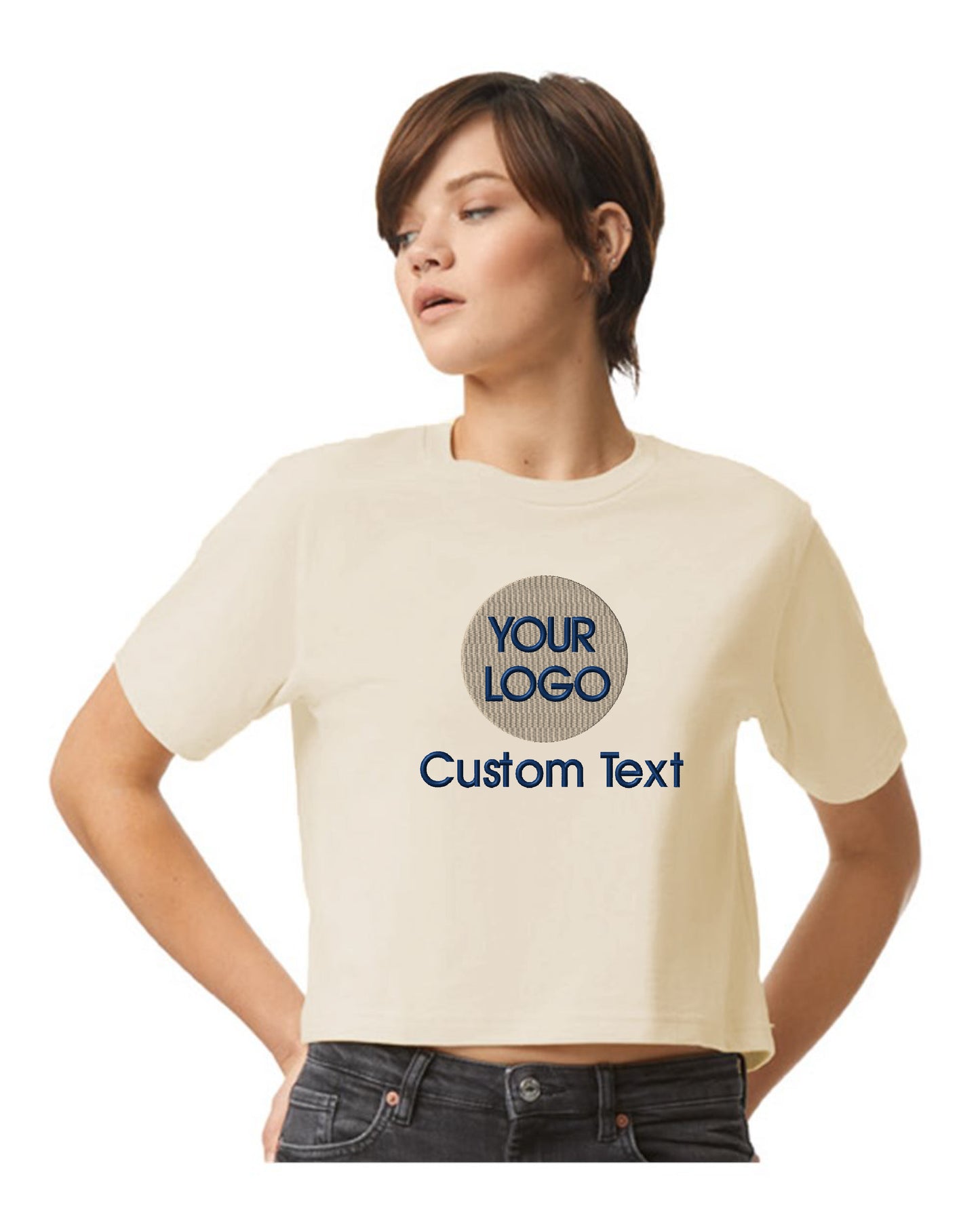 a woman with her hands on her hips wearing a t - shirt