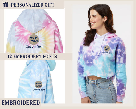 a woman wearing a colorful tie dye hoodie