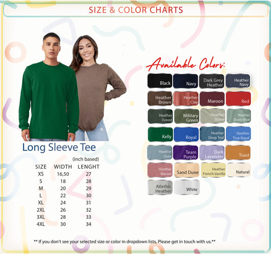 The image is a size and color chart for a long sleeve tee, featuring a man and a woman standing next to each other. The chart provides the available sizes and colors for the tee, including various shades of green, brown, and other colors.