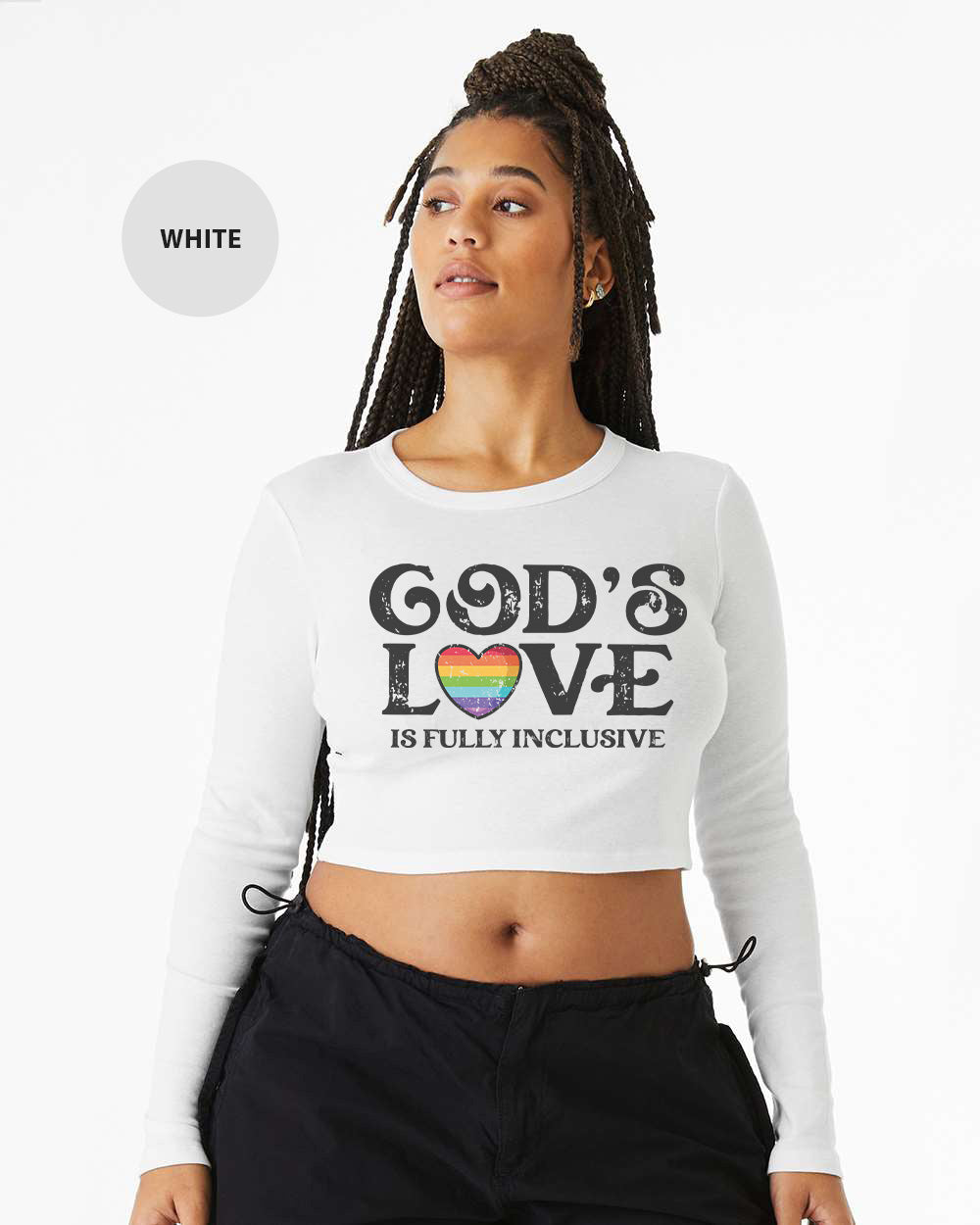a woman wearing a white crop top with the words god's love is fully