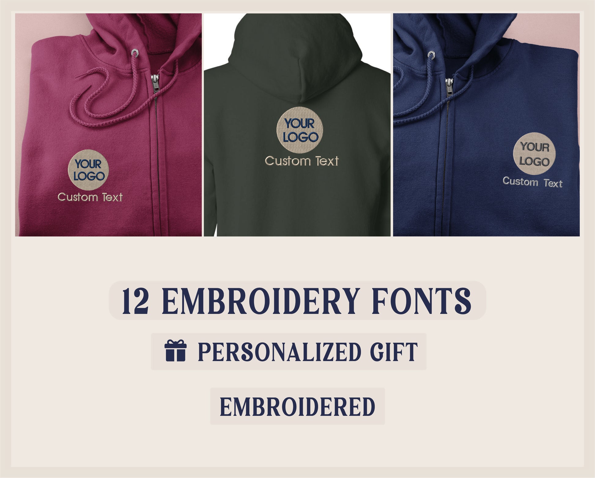 a group of four different colored hoodies with the words, 12 embroidery fonts