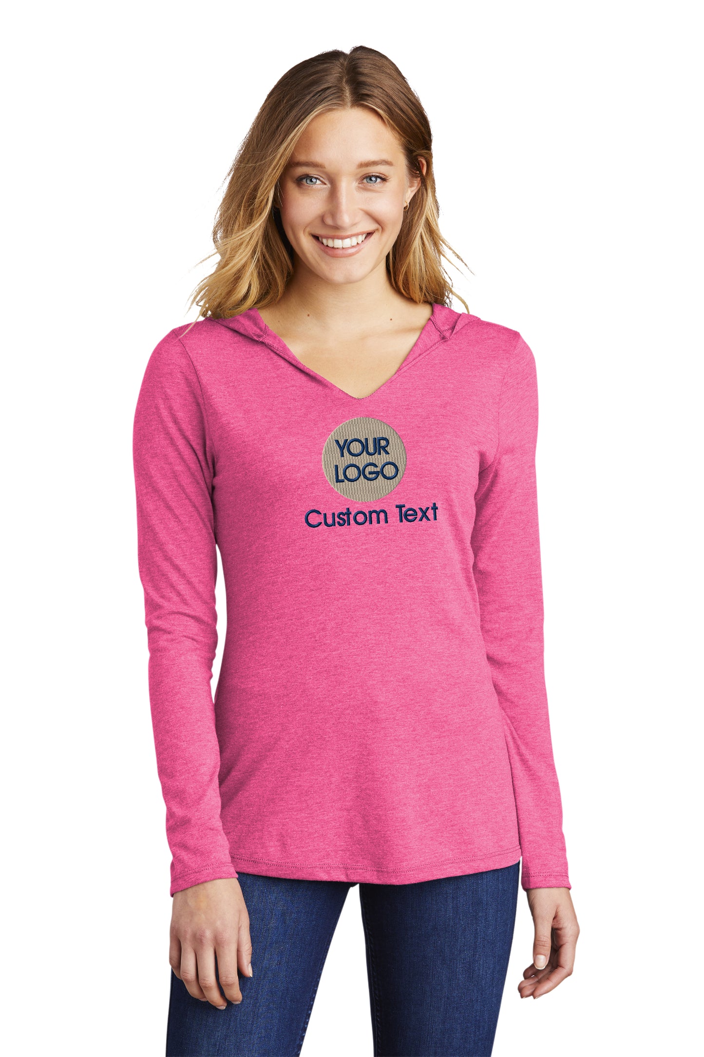 a woman wearing a pink shirt with the words custom text on it