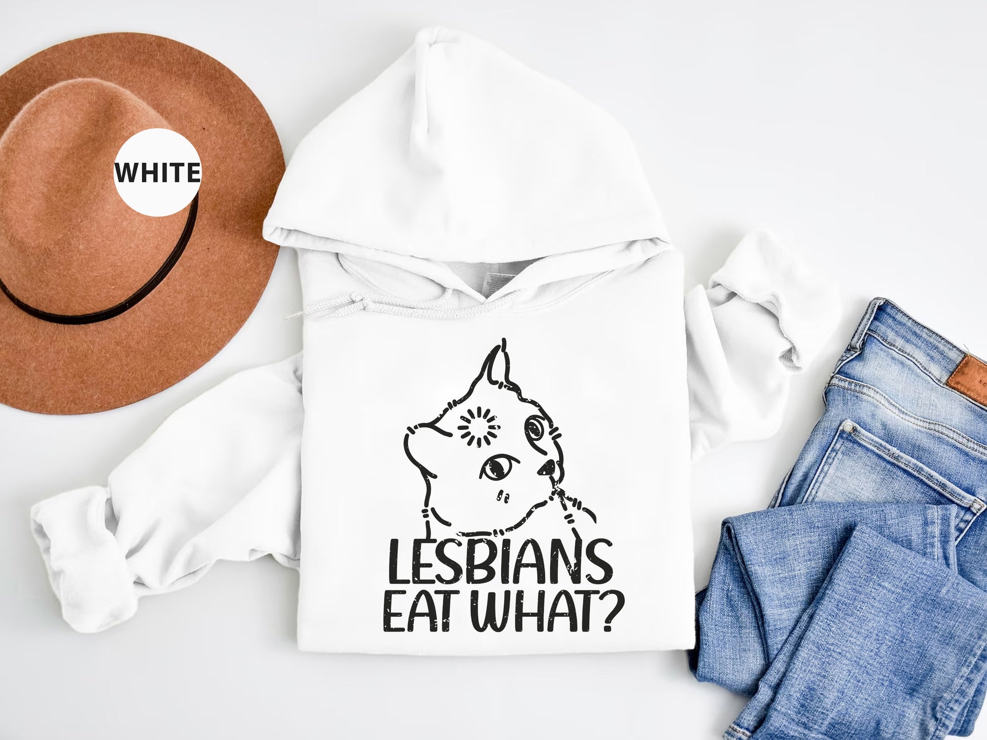 a white hoodie with the words leshan's eat what? on it