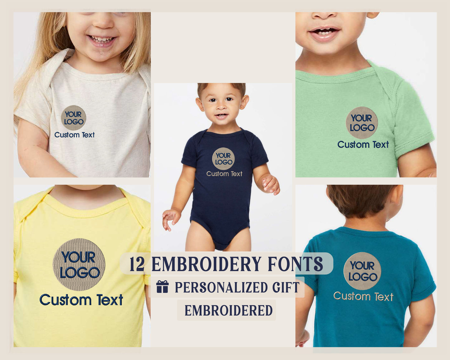 a group of children's onesuits with custom text