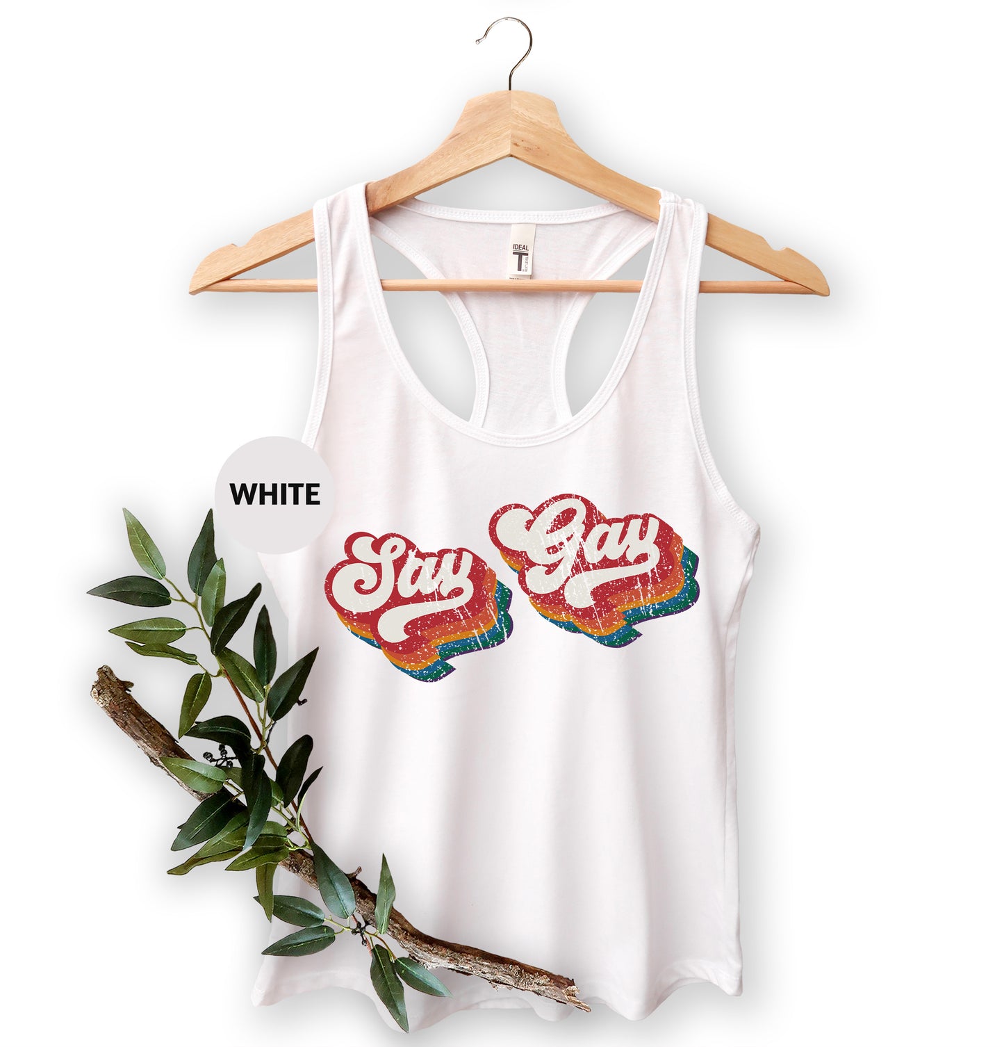 a white tank top with the words stay gay on it
