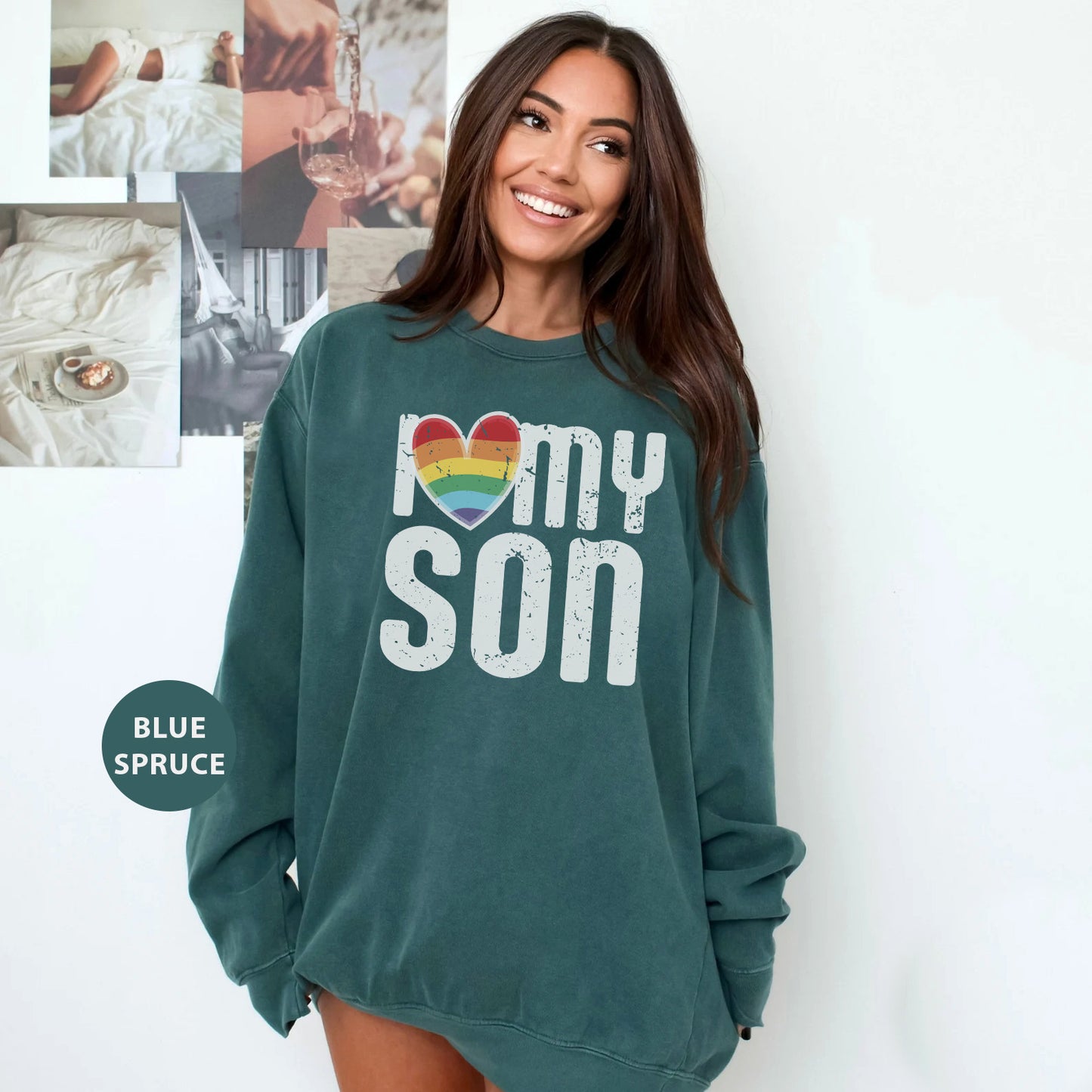 a woman wearing a sweatshirt that says i love my son