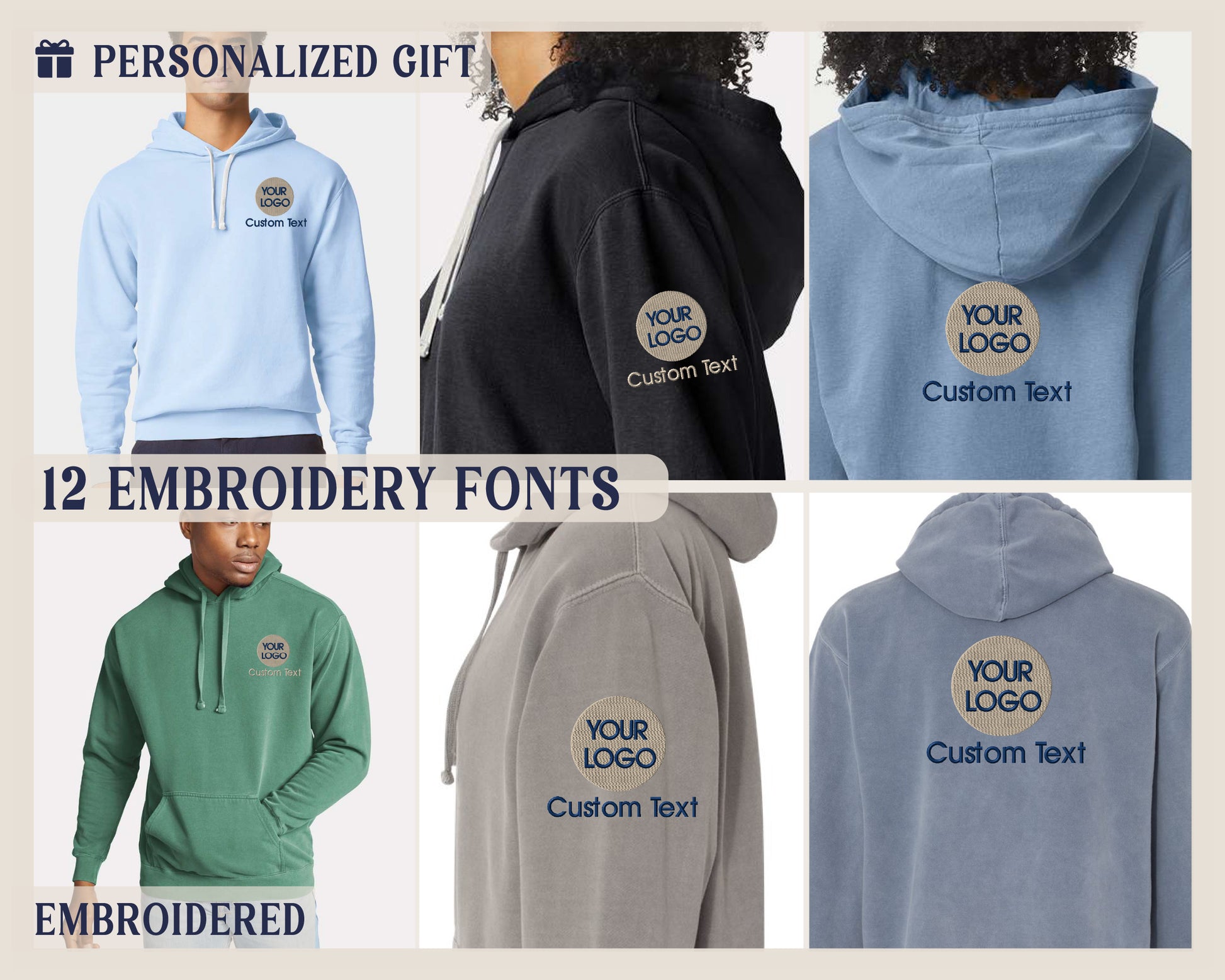 a group of men's hooded sweatshirts with custom text