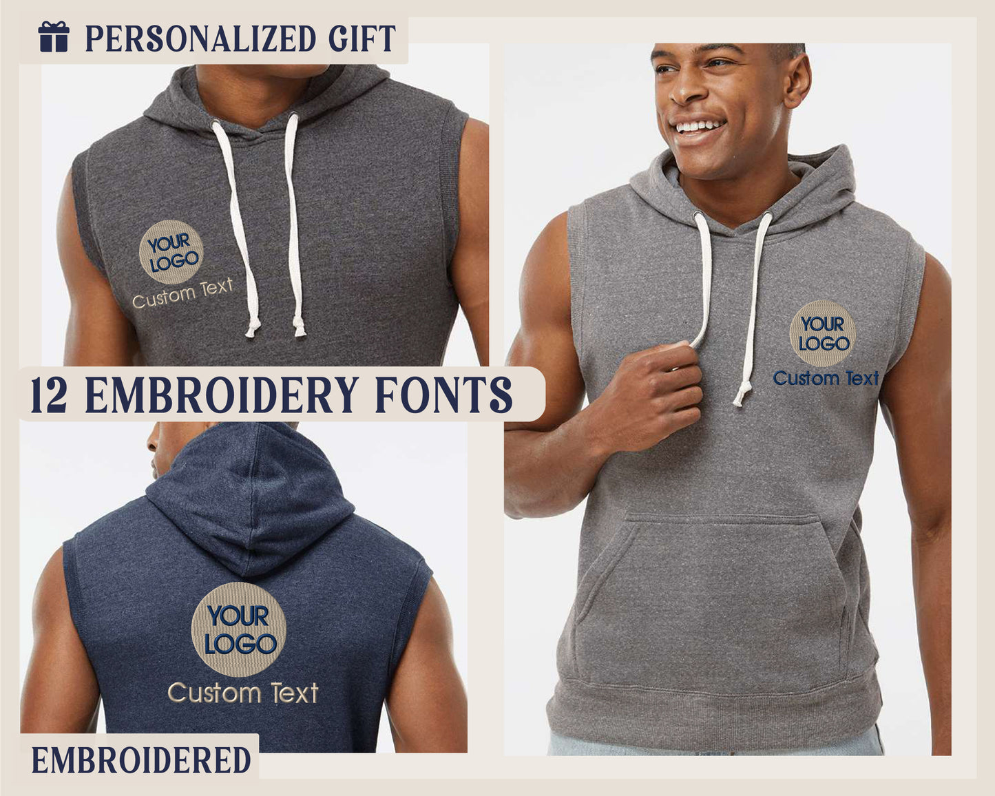 a man wearing a gray and blue hoodie