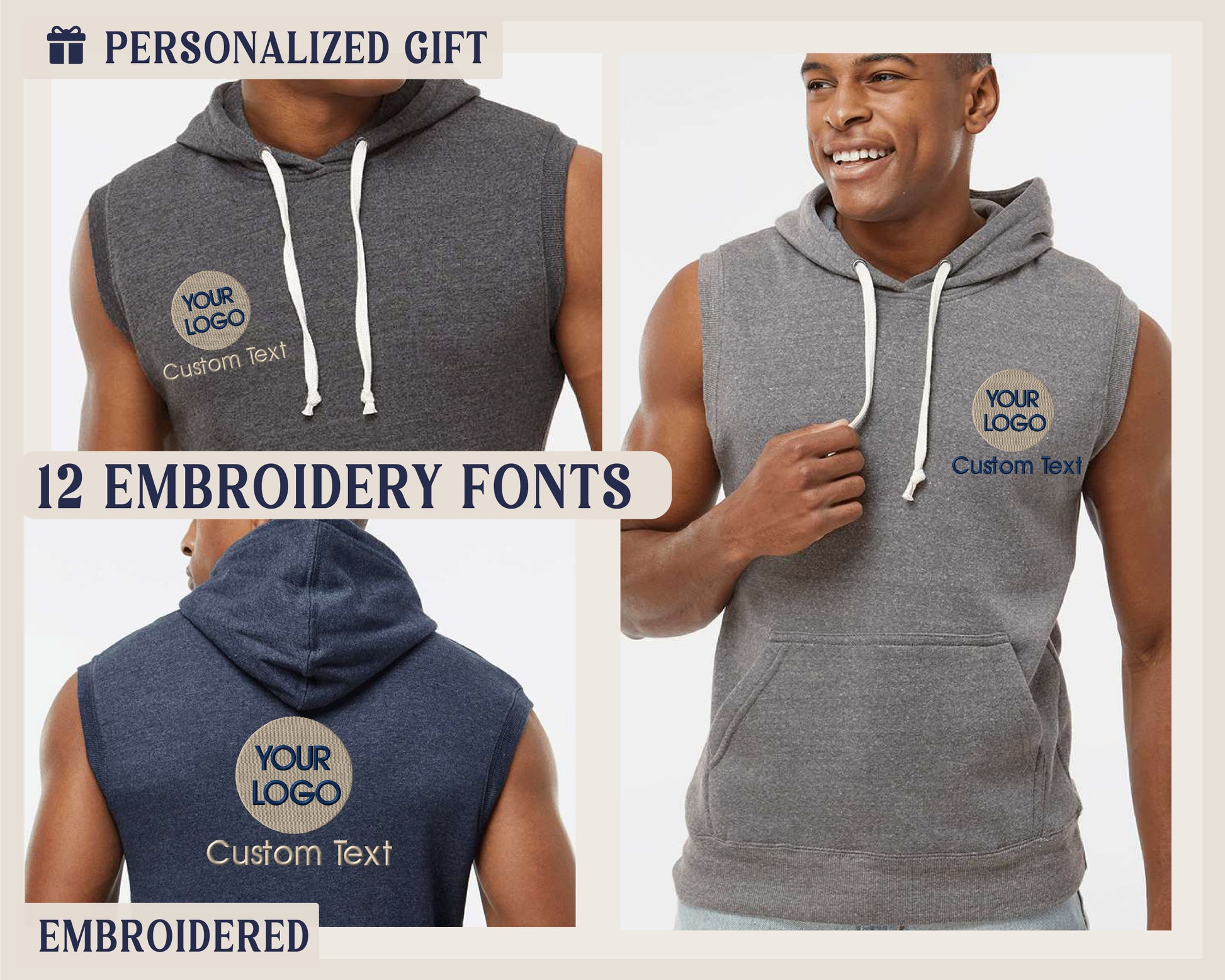 a man wearing a gray and blue hoodie