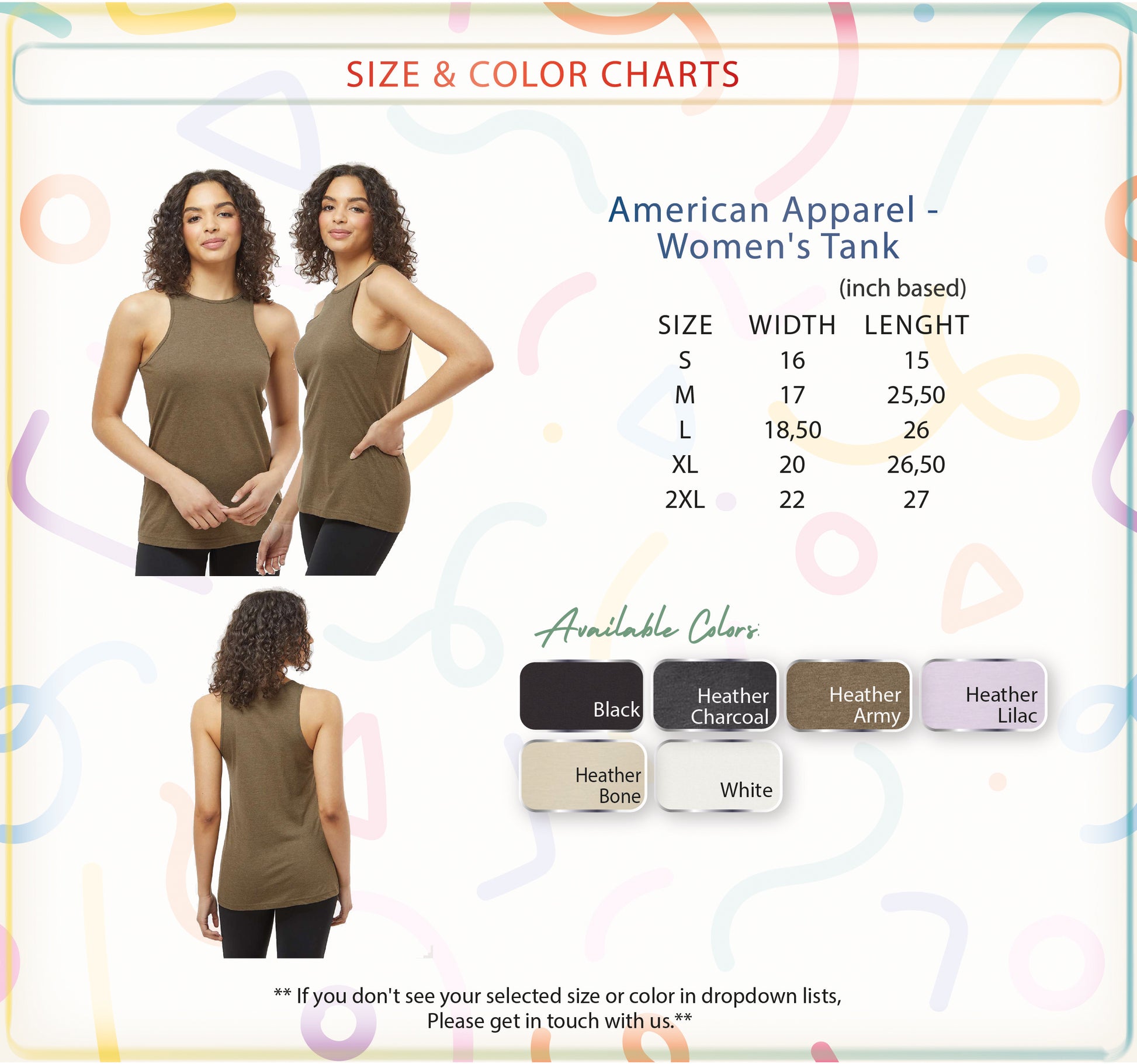 a women's tank top with a size guide