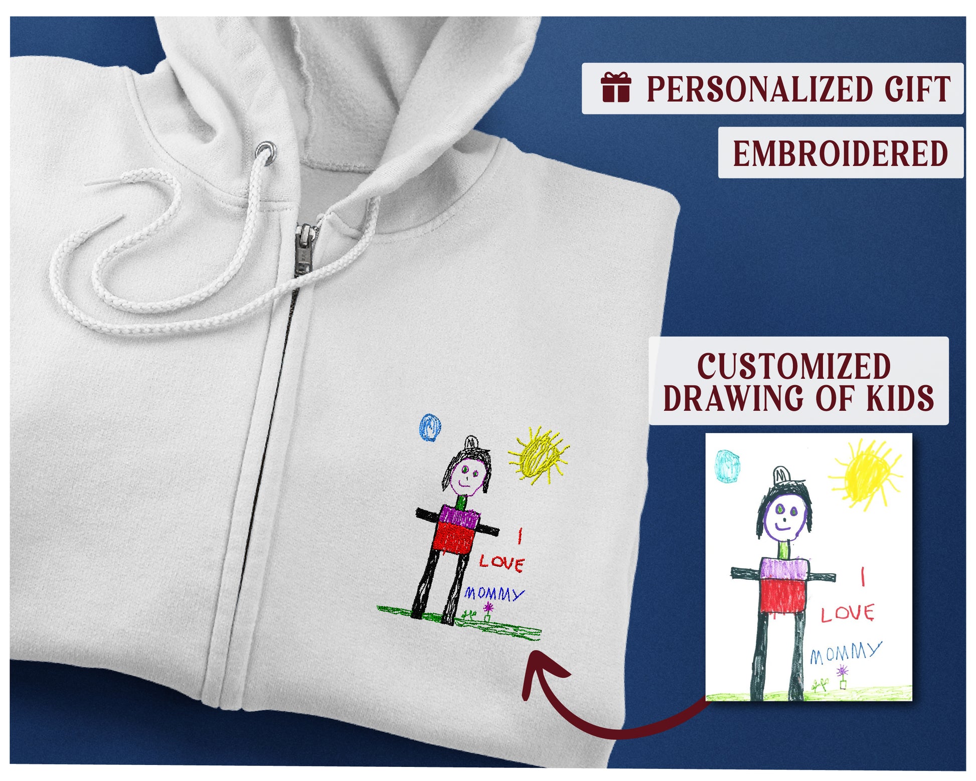a white hoodie with a drawing of a person on it