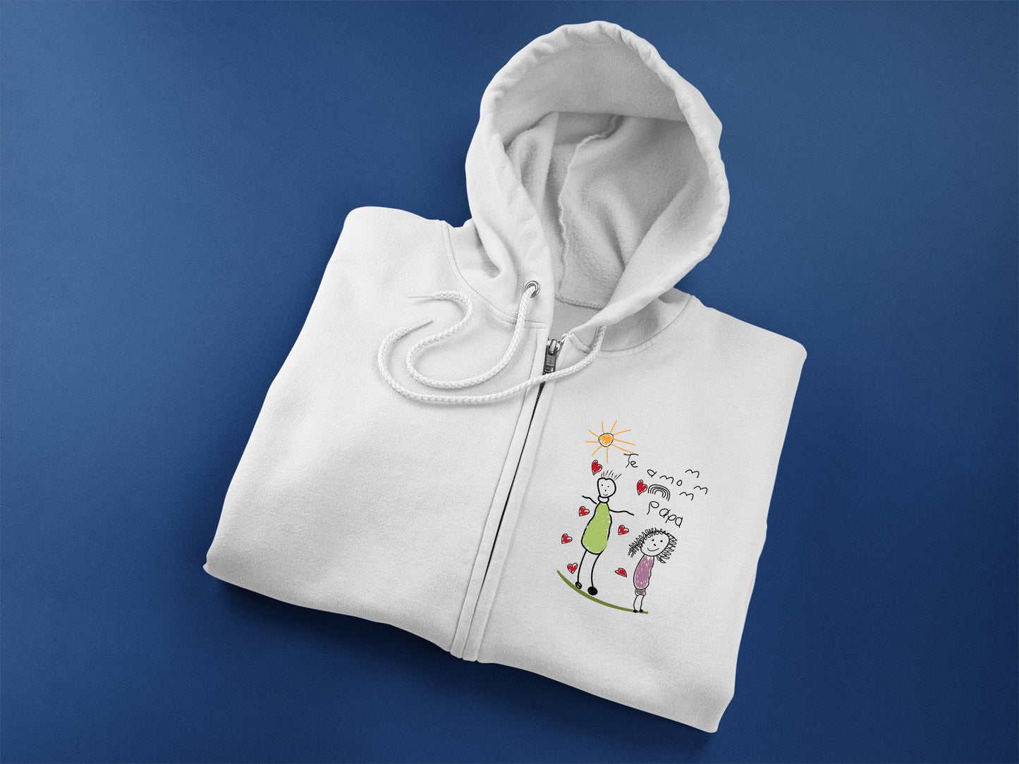 a white hoodie with a picture of a woman and a cat on it