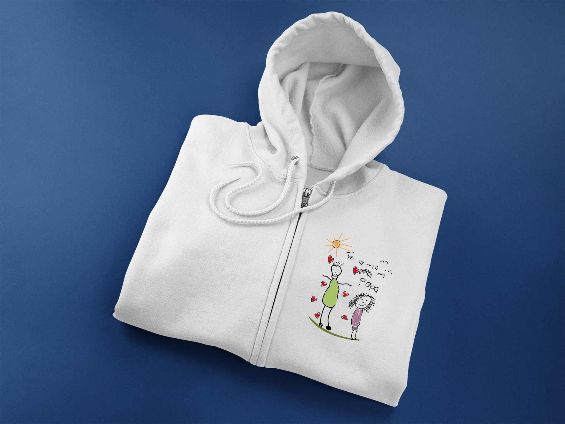 a white hoodie with a picture of a woman and a cat on it