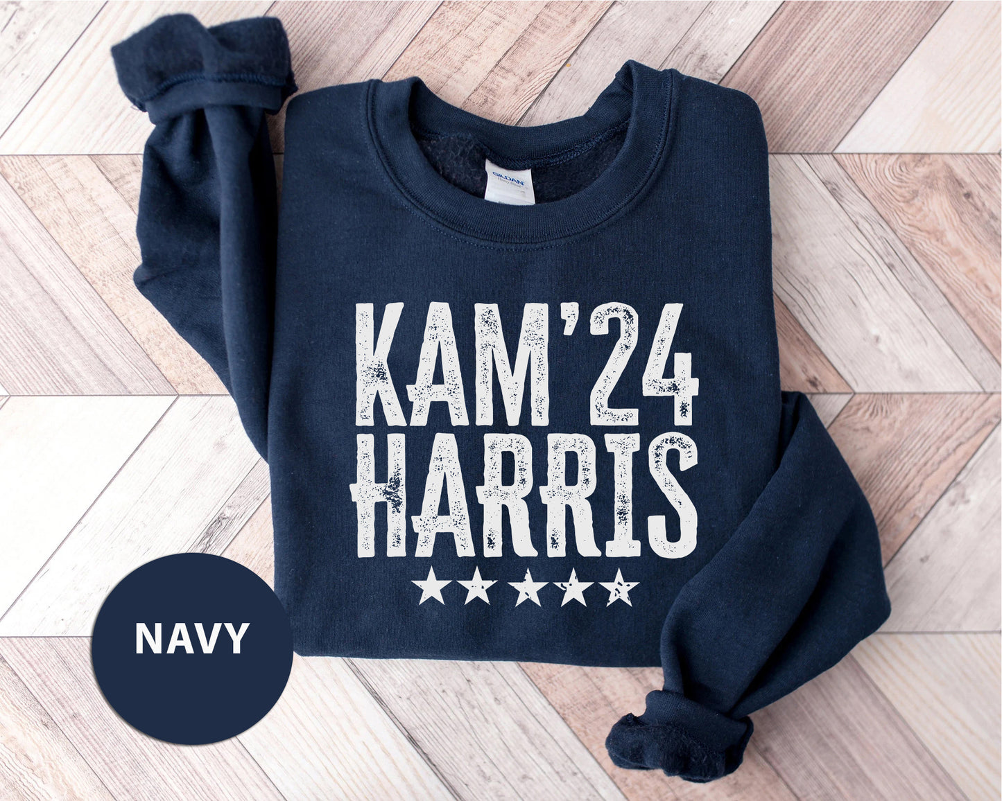 a navy sweatshirt with the name kam'24 harris printed on it