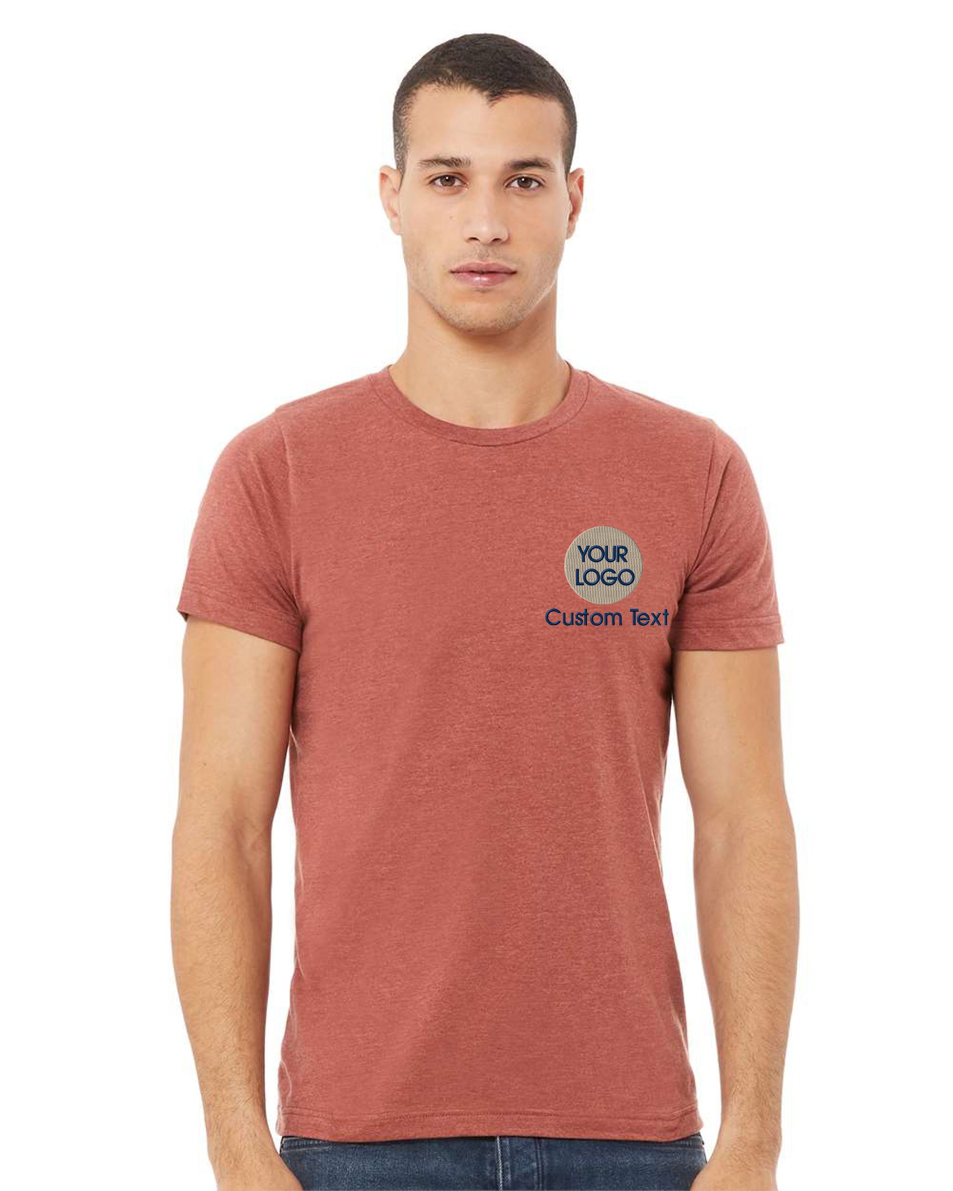 a man wearing a red shirt and jeans