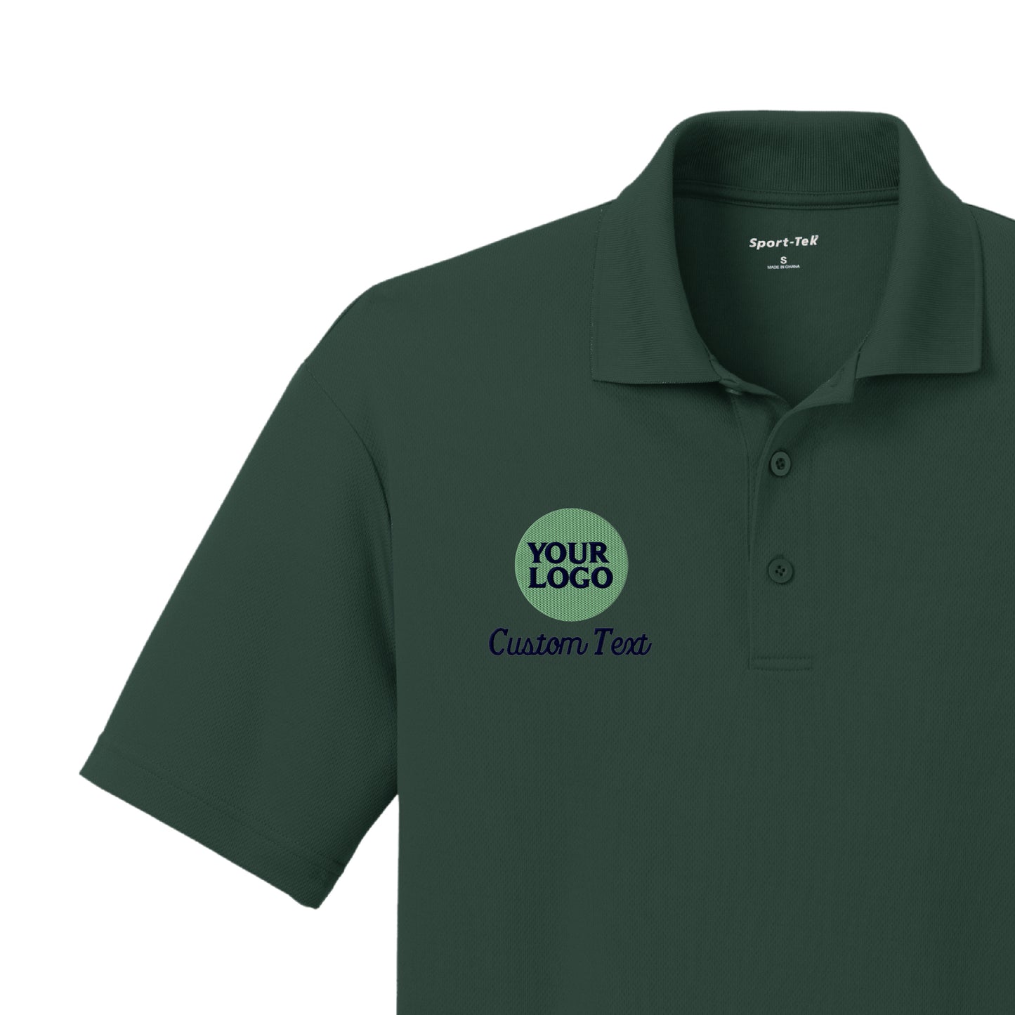 a green polo shirt with the words your logo on it