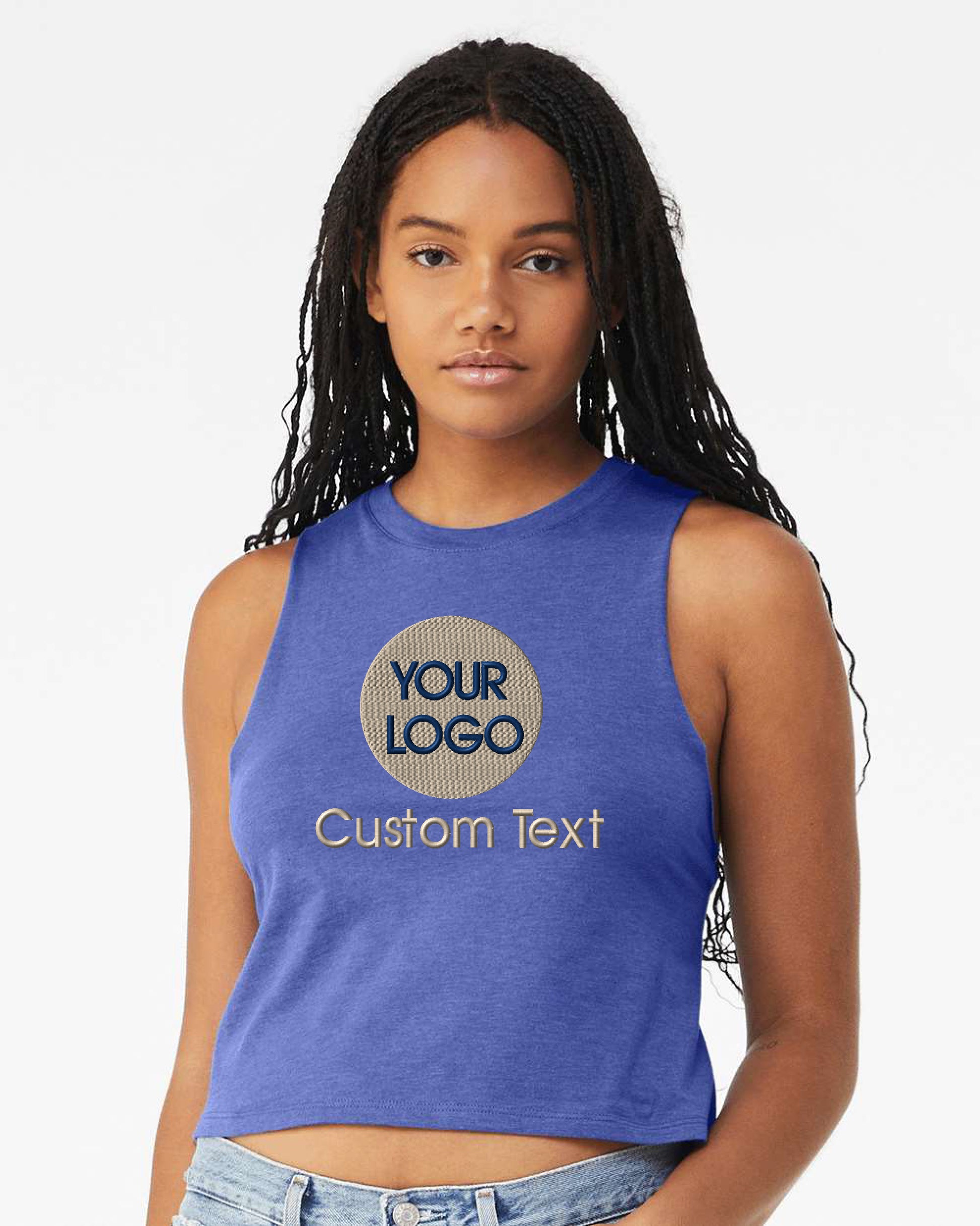 a woman wearing a blue crop top with a custom text