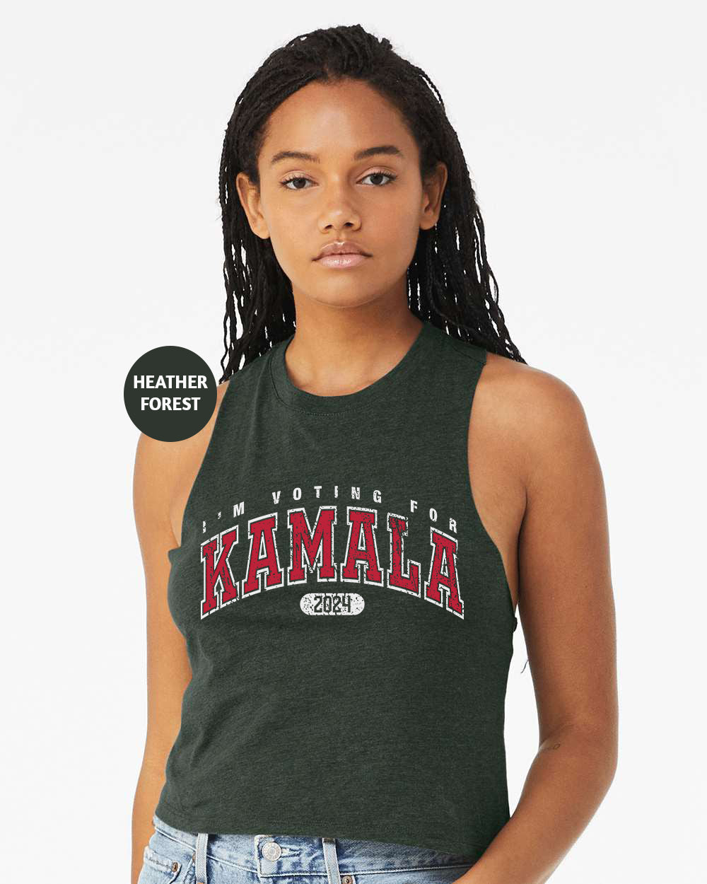 a woman wearing a green tank top with the word, kalamala on it