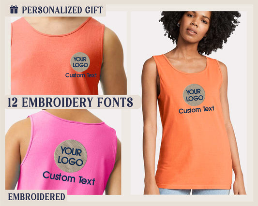 a woman wearing an orange tank top with custom text