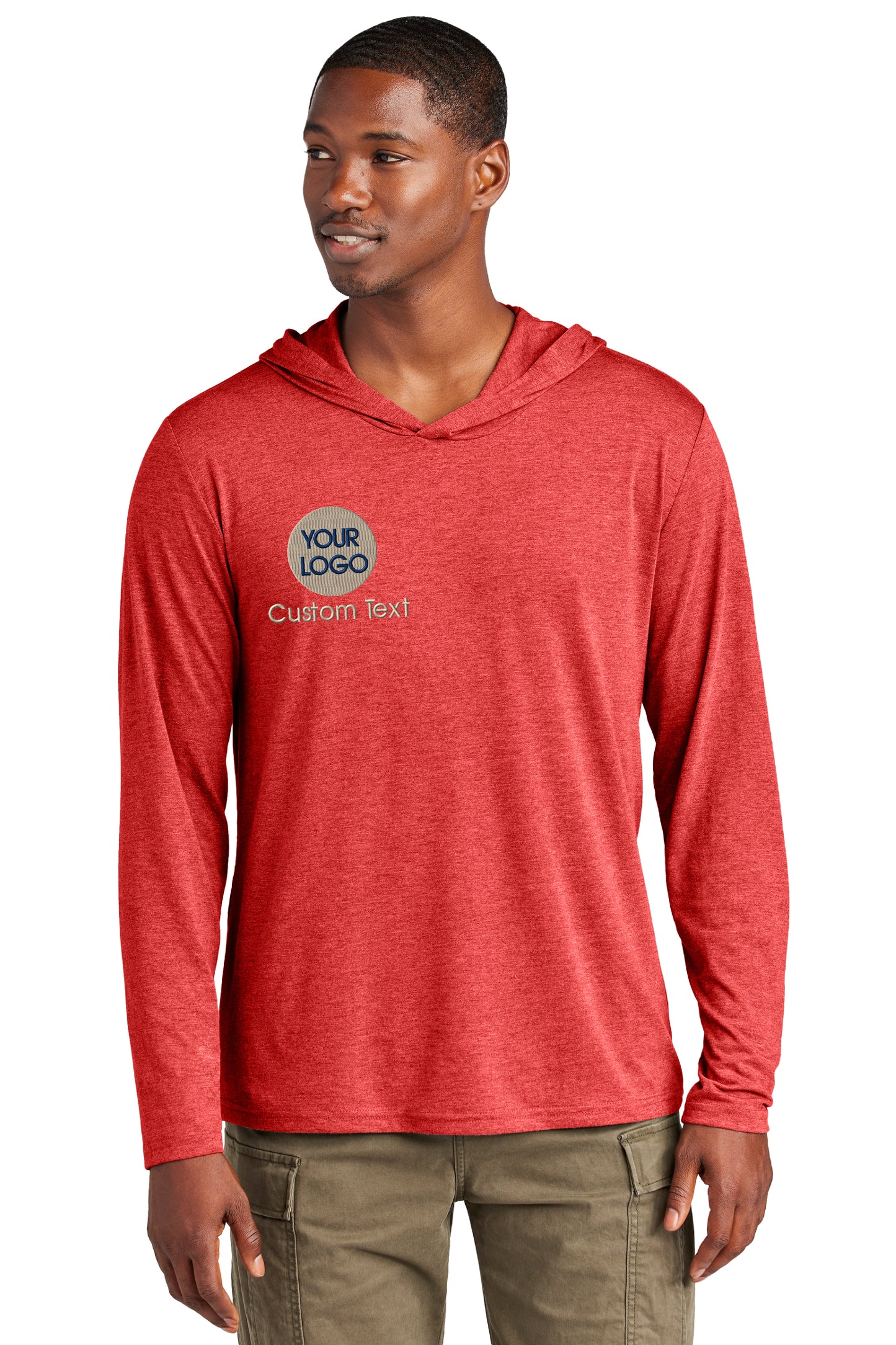 a man wearing a red hoodie with a logo on it