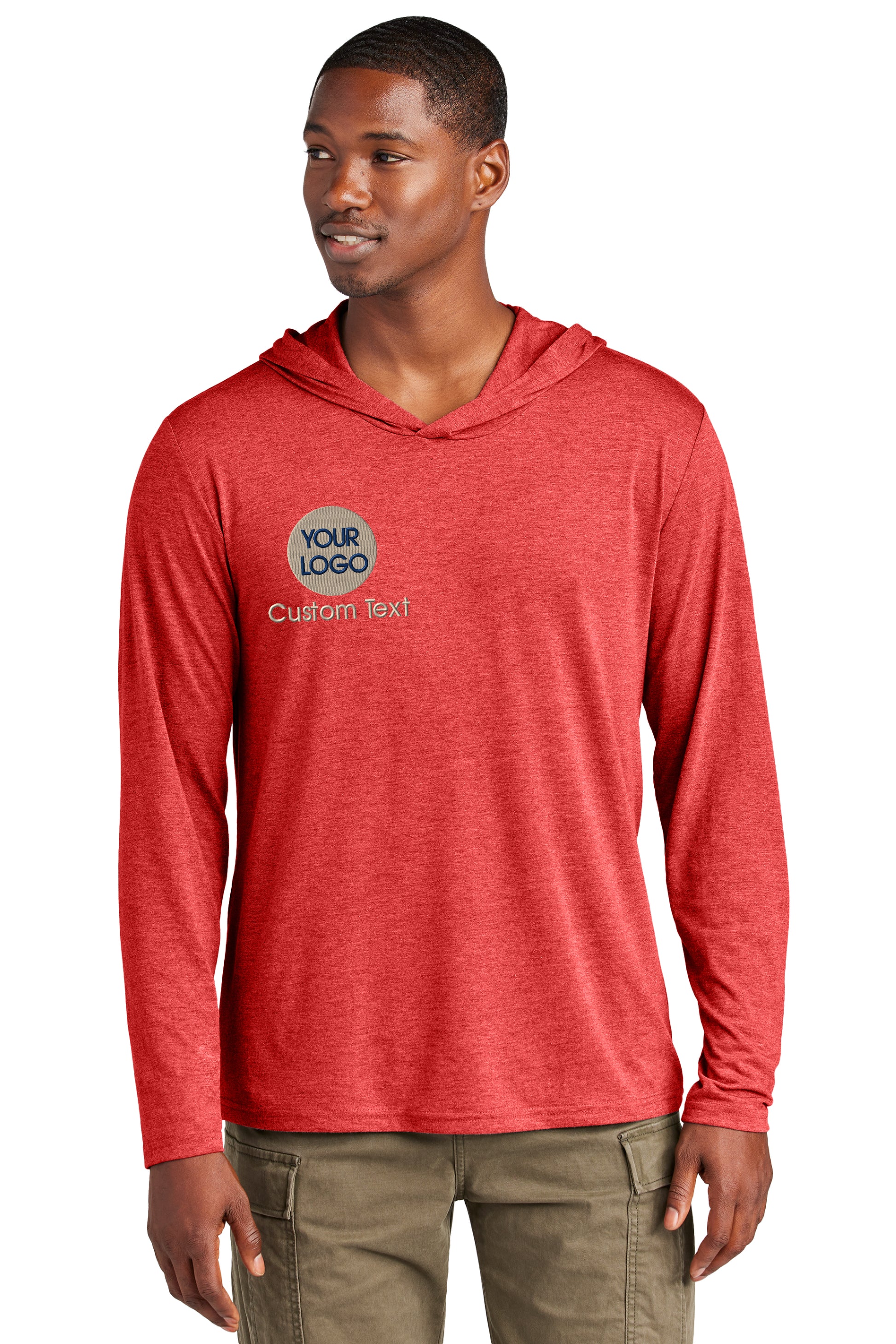 a man wearing a red hoodie with a logo on it