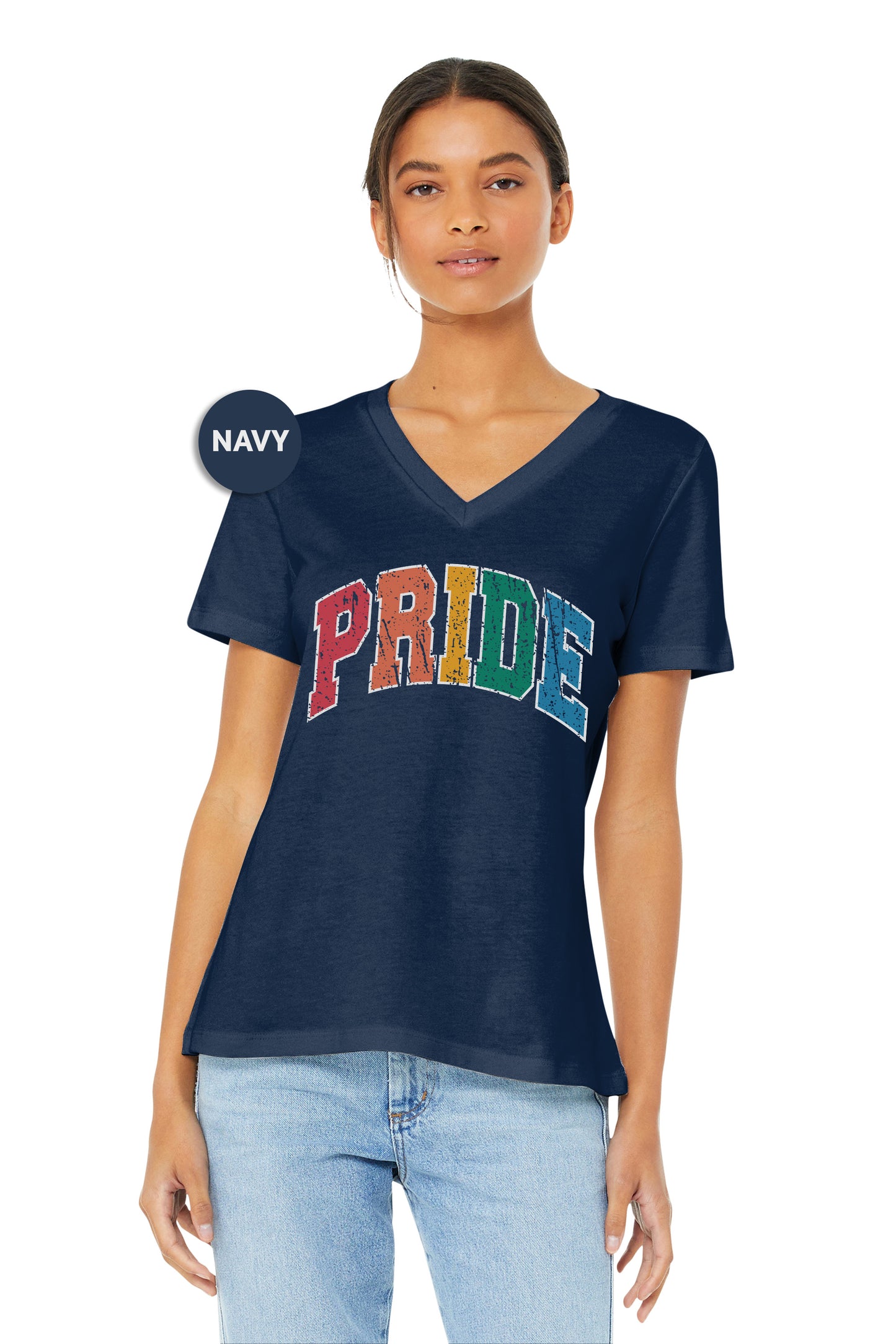 a woman wearing a navy shirt with the word pride on it