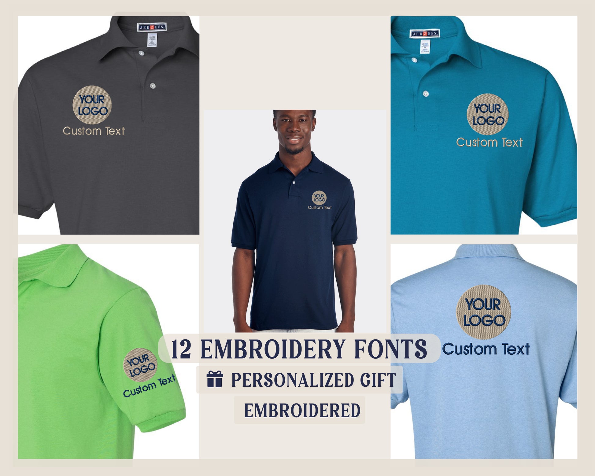 a group of men's polo shirts with custom text