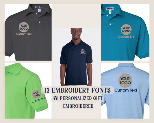 a group of men's polo shirts with custom text