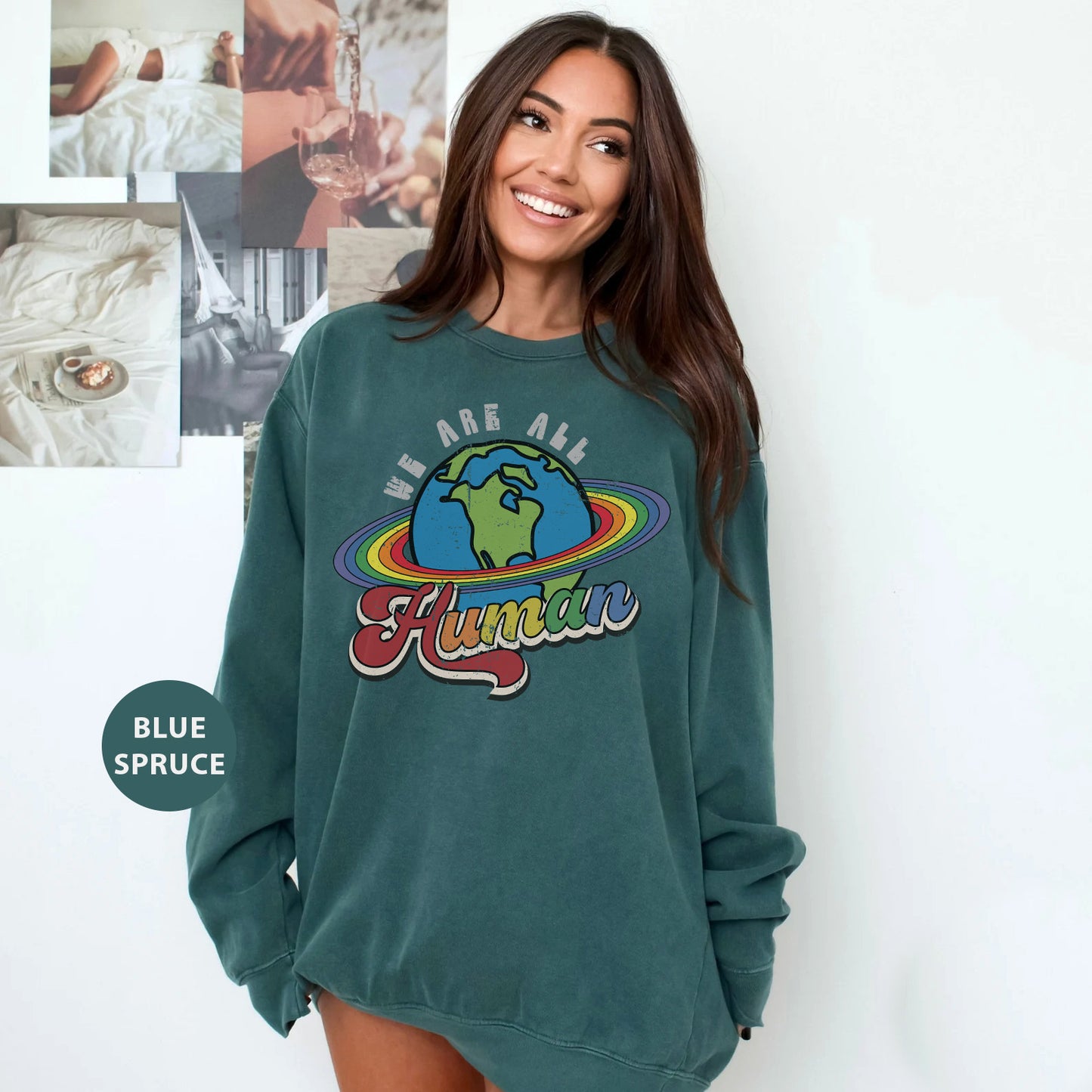 a woman in a green sweatshirt posing for a picture
