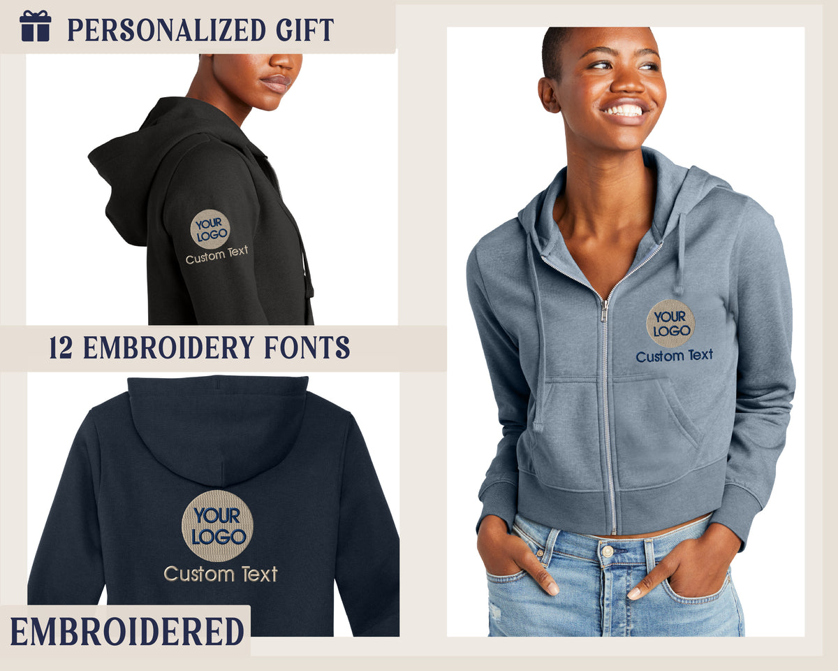a woman wearing a gray hooded sweatshirt with embroidered text and logos. The sweatshirt has a hood and a zipper, and it is described as a personalized gift with 12 embroidery fonts and custom text.