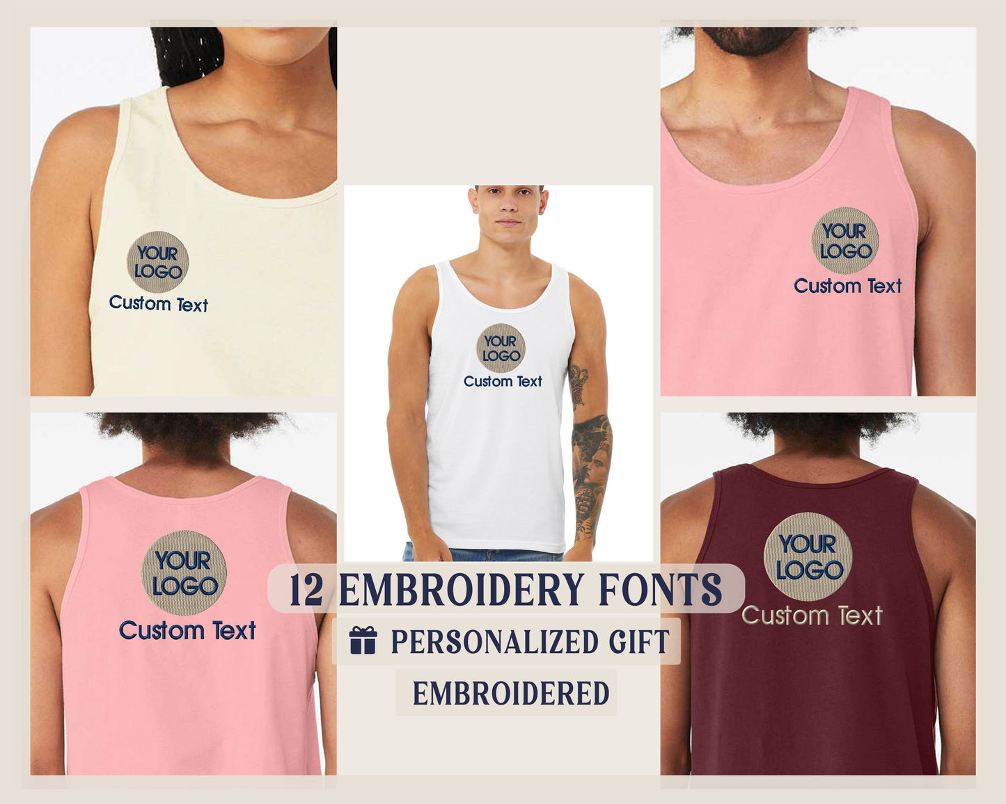 four different types of tank tops with custom text