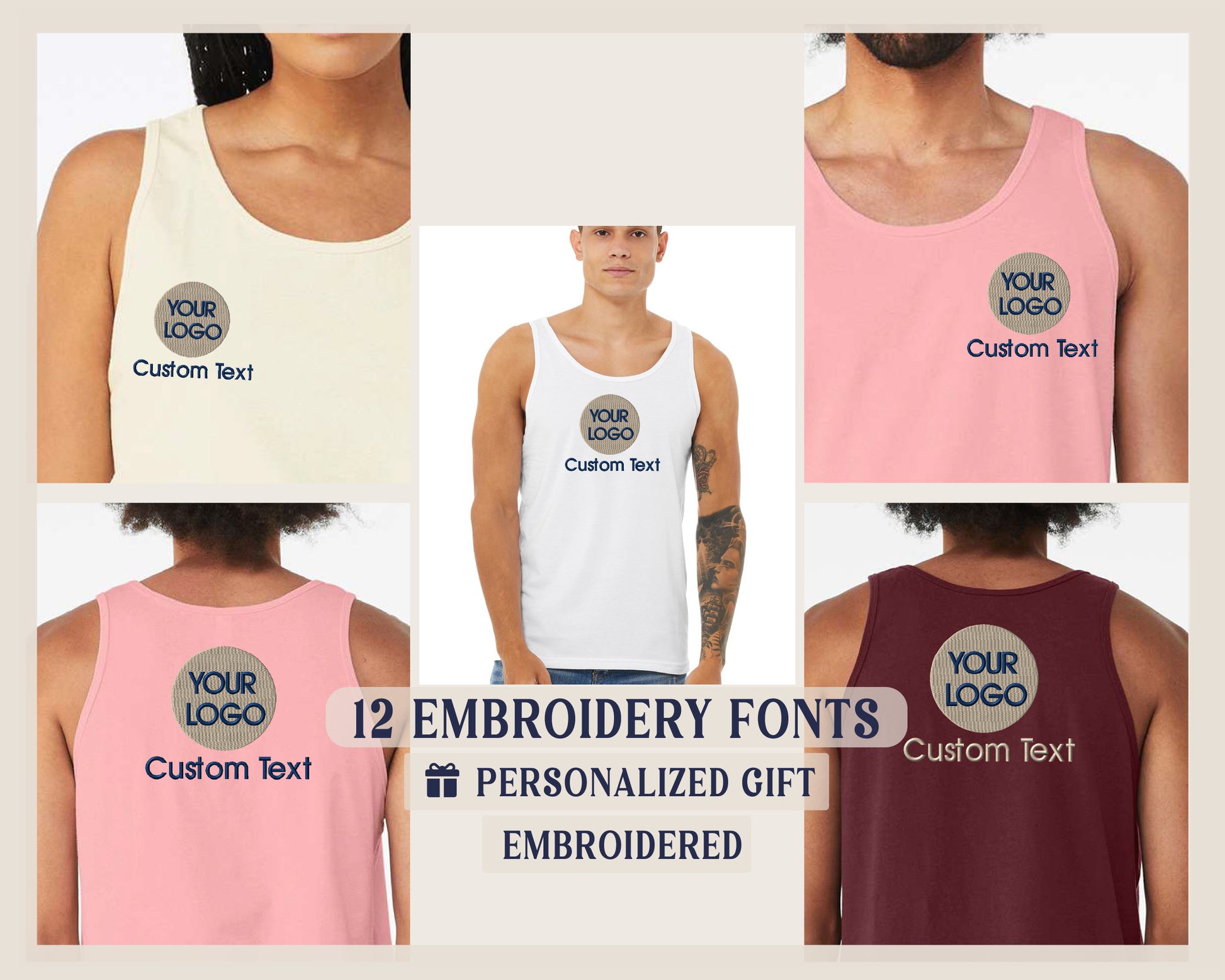 four different types of tank tops with custom text