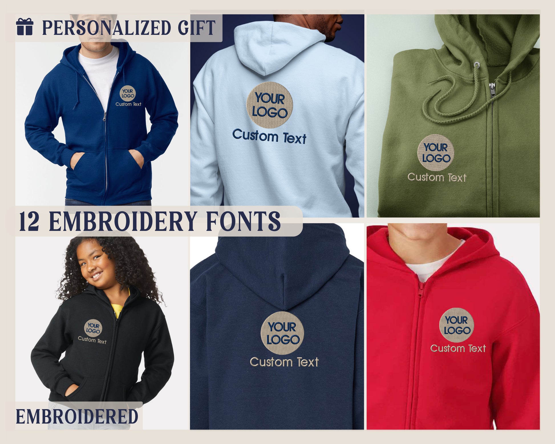 a group of four different colored hoodies