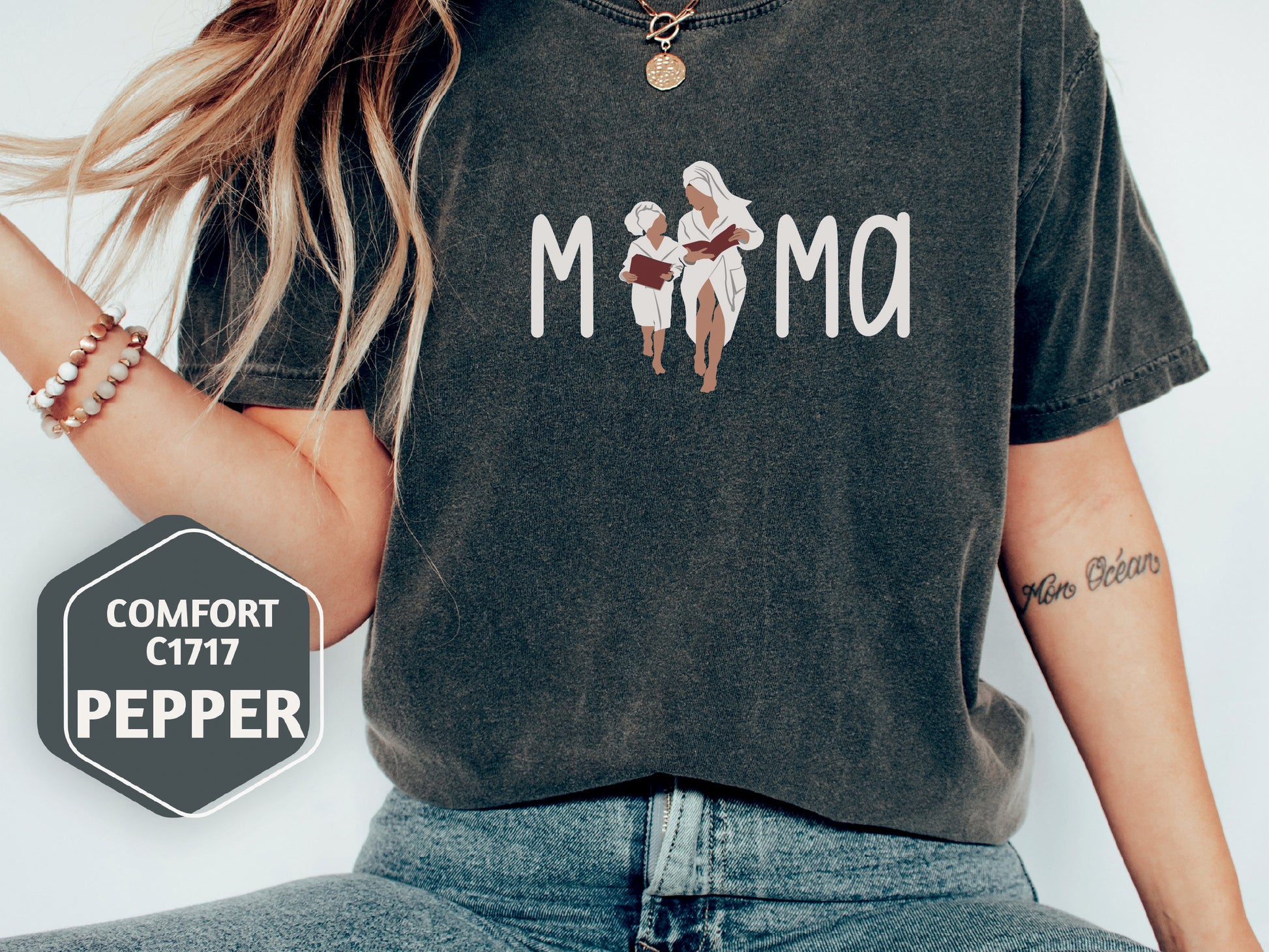a woman wearing a shirt that says moma