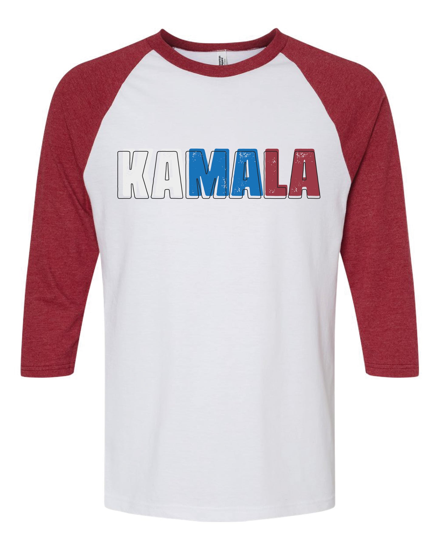 a white and red baseball shirt with the word kaamala printed on it