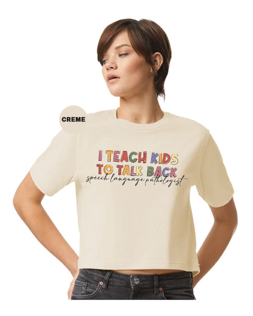 a woman wearing a t - shirt that says i teach kids to talk back
