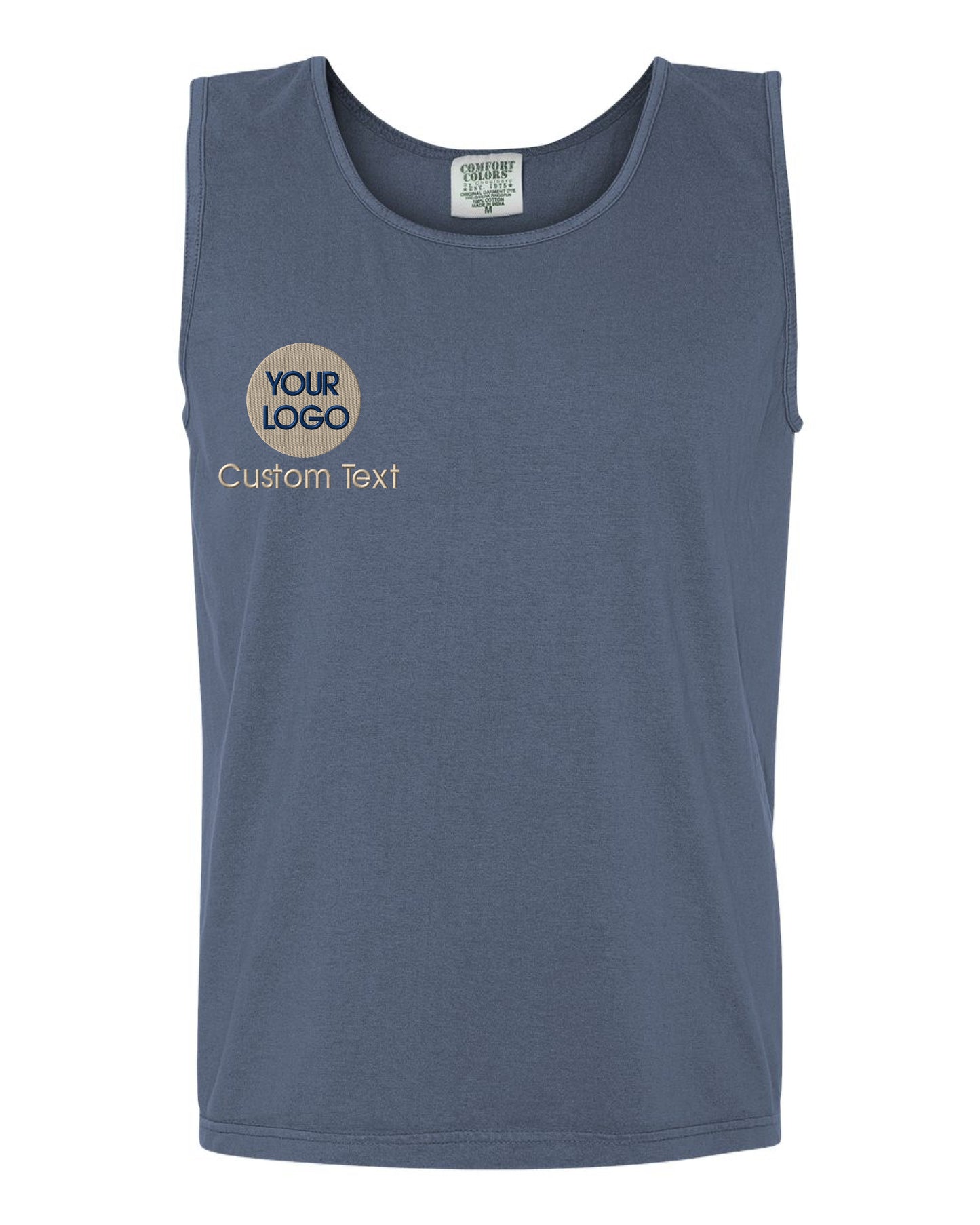 a blue tank top with the words your logo on it