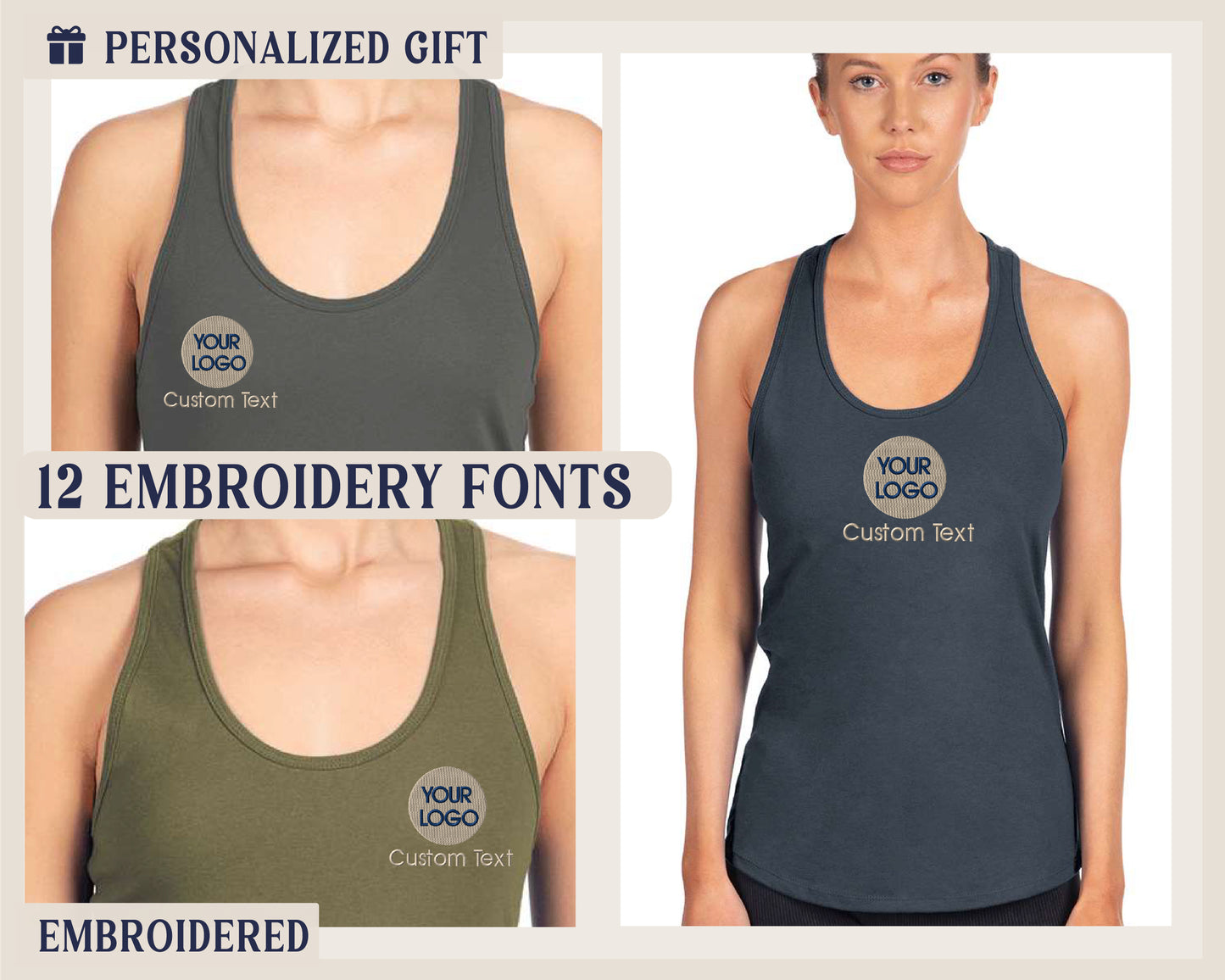 a women's tank top with a customiza logo