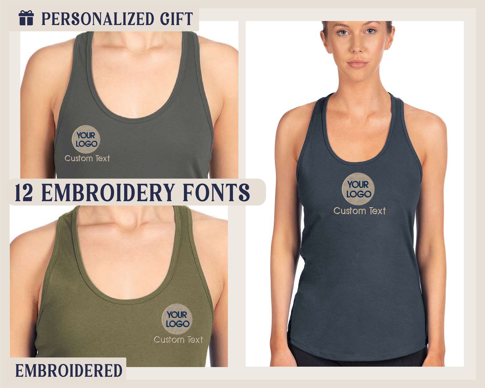 a women's tank top with a customiza logo