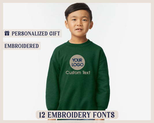 a young boy wearing a green sweatshirt with the words your logo printed on it