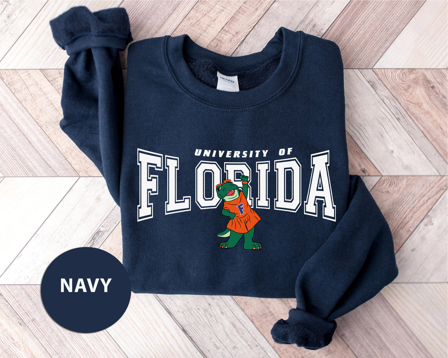 a navy sweatshirt with the university of florida mascot on it
