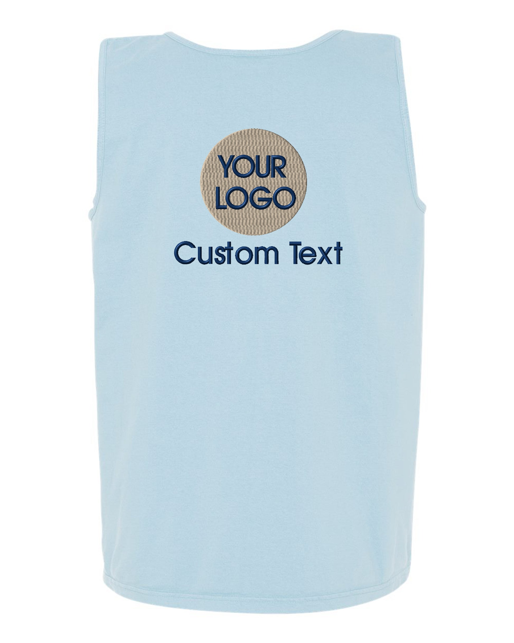 a light blue tank top with the words your logo on it