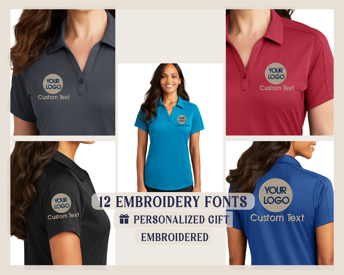 a women's polo shirt with custom text